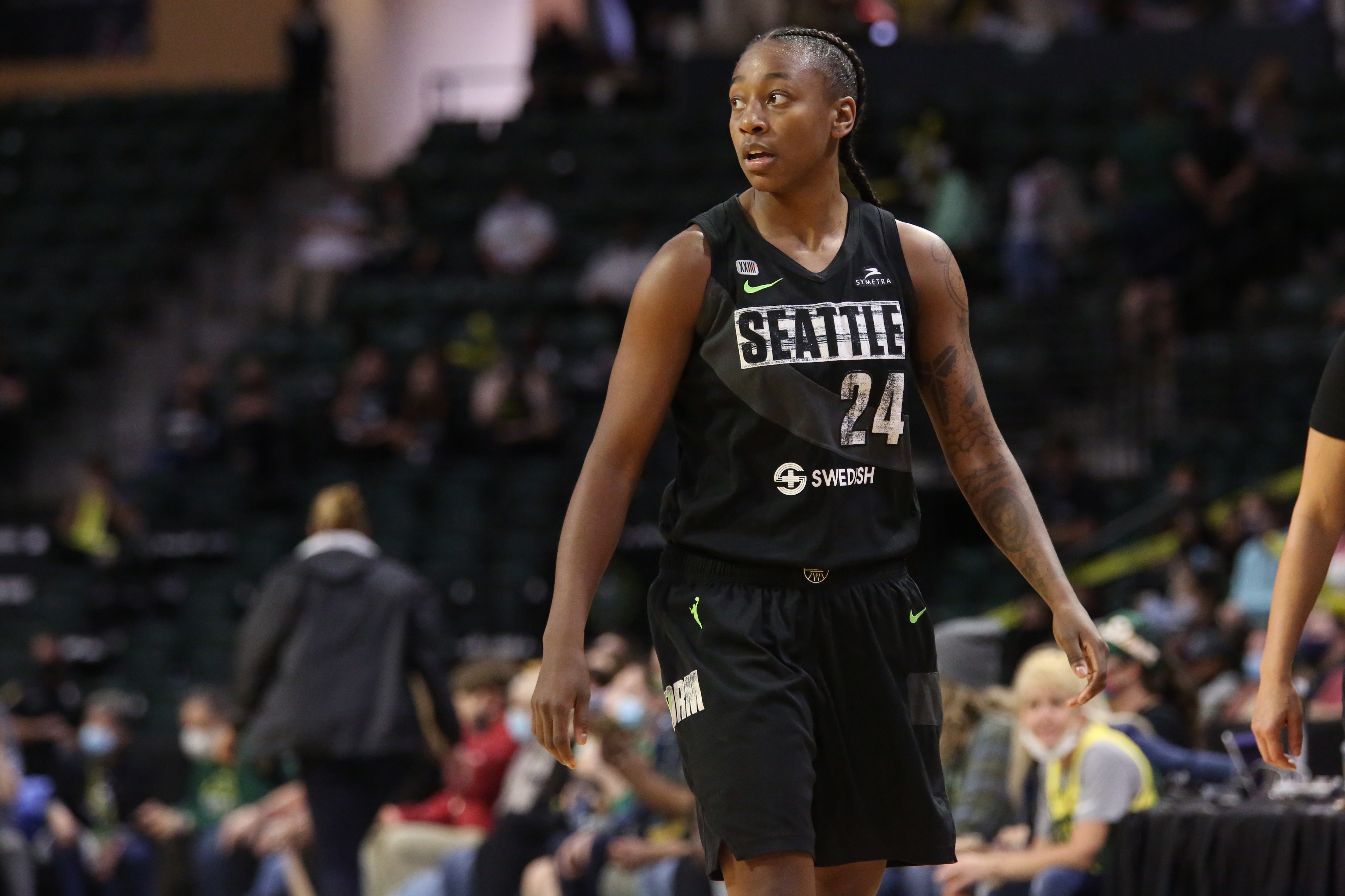 EVERETT, WA - SEPTEMBER 26: Jewell Loyd #24 of the Seattle Storm looks on during the 2021 WNBA Playoffs on September 26, 2021 at the Angel of the Winds Arena, in Everett, Washington. NOTE TO USER: User expressly acknowledges and agrees that, by downloading and or using this photograph, User is consenting to the terms and conditions of the Getty Images License Agreement. Mandatory Copyright Notice: Copyright 2019 NBAE (Photo by Joshua Huston/NBAE via Getty Images)