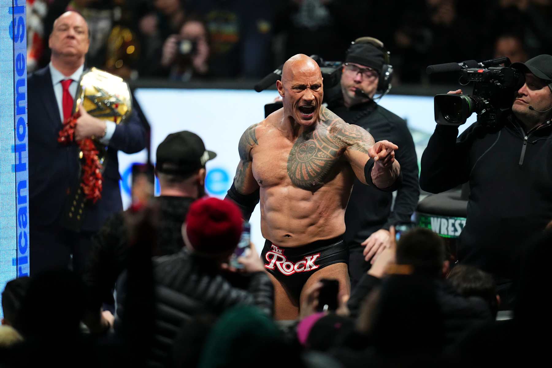 PHILADELPHIA, PENNSYLVANIA - APRIL 6: The Rock seen during with match at WrestleMania 40 at Lincoln Financial Field on April 6, 2024 in Philadelphia, Pennsylvania. (Photo by WWE/Getty Images)