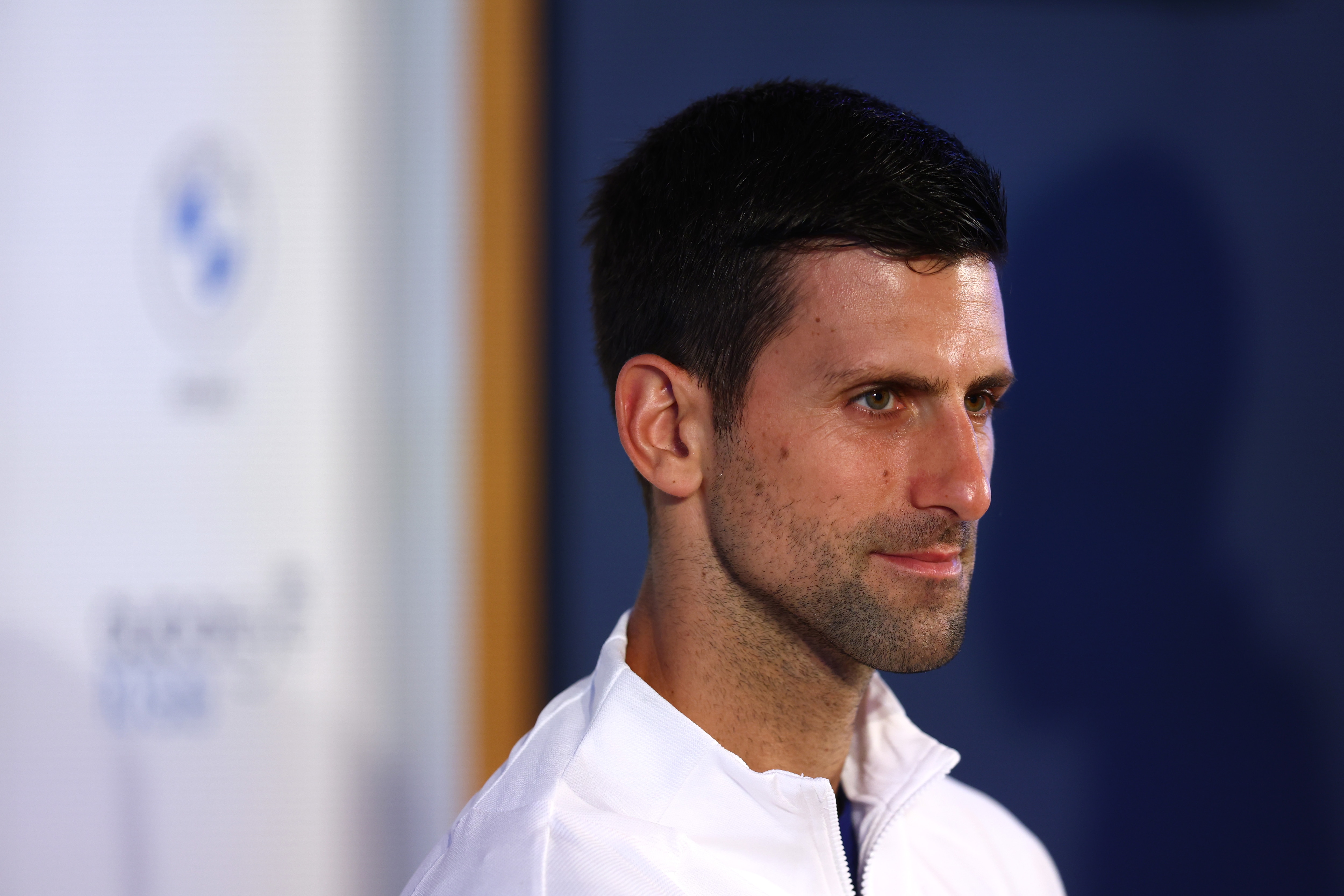 DUBAI, UNITED ARAB EMIRATES - FEBRUARY 20: Novak Djokovic of Serbia speaks to media ahead of  the Dubai Duty Free Tennis Championships at Dubai Duty Free Tennis Stadium on February 20, 2022 in Dubai, United Arab Emirates. (Photo by Francois Nel/Getty Images)