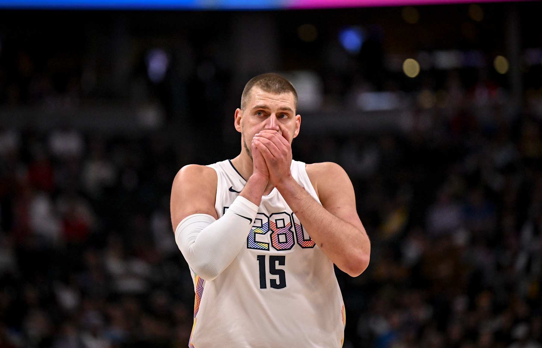 DENVER, CO - JANUARY 21: Nikola Jokic (15) of the Denver Nuggets blows into his hands during the first quarter against the Philadelphia 76ers at Ball Arena in Denver, Colorado on Tuesday, January 21, 2025. (Photo by AAron Ontiveroz/The Denver Post)