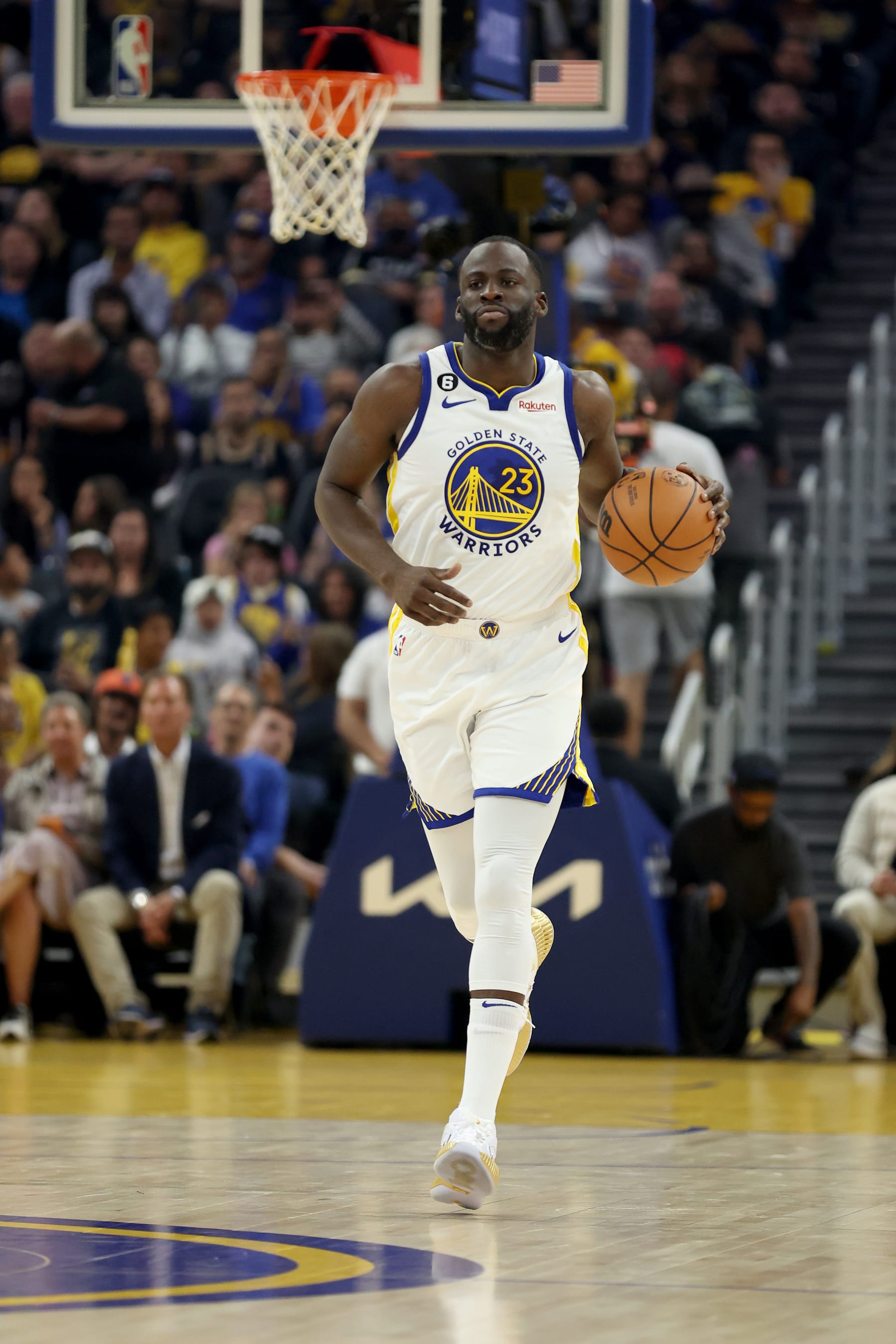 SAN FRANCISCO, CALIFORNIA - OCTOBER 18: Draymond Green #23 of the Golden State Warriors of the Golden State Warriors dribbles the ball during their game against the Los Angeles Lakers at Chase Center on October 18, 2022 in San Francisco, California. NOTE TO USER: User expressly acknowledges and agrees that, by downloading and or using this photograph, User is consenting to the terms and conditions of the Getty Images License Agreement. (Photo by Ezra Shaw/Getty Images)