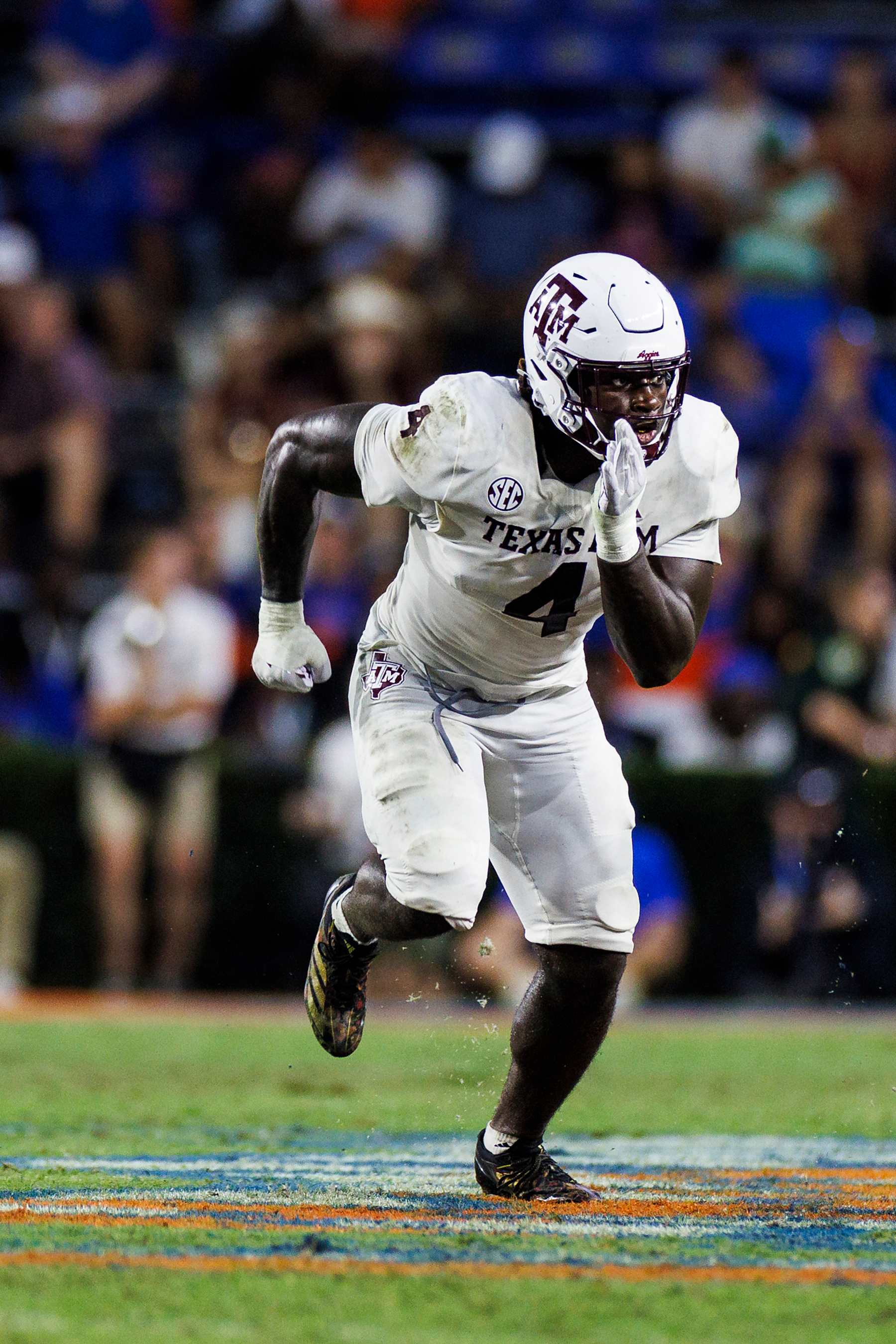 GAINESVILLE, FLORIDA - SEPTEMBER 14: Shemar Stewart #4 of the Texas A&M Aggies in action during the second half of a game against the Florida Gators at Ben Hill Griffin Stadium on September 14, 2024 in Gainesville, Florida. (Photo by James Gilbert/Getty Images)
