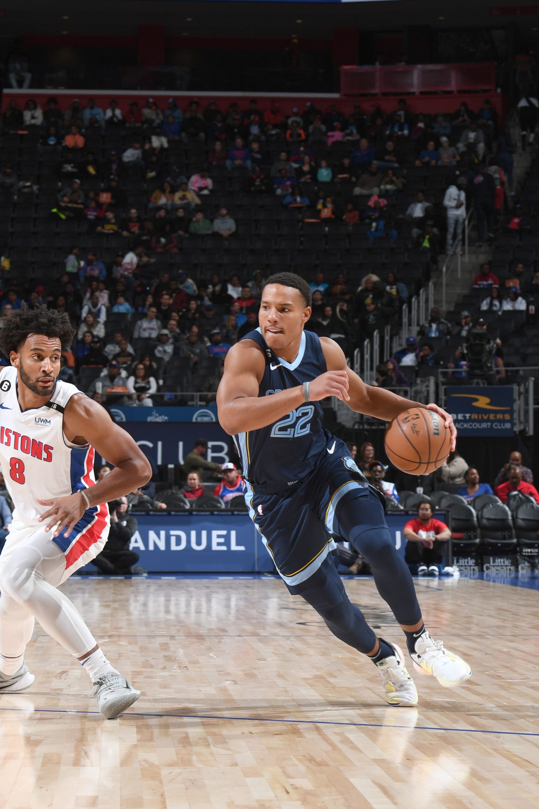 DETROIT, MI - OCTOBER 13: Desmond Bane #22 of the Memphis Grizzlies drives to the basket during the game against the Detroit Pistons  on October 13, 2022 at Little Caesars Arena in Detroit, Michigan. NOTE TO USER: User expressly acknowledges and agrees that, by downloading and/or using this photograph, User is consenting to the terms and conditions of the Getty Images License Agreement. Mandatory Copyright Notice: Copyright 2022 NBAE (Photo by Chris Schwegler/NBAE via Getty Images)