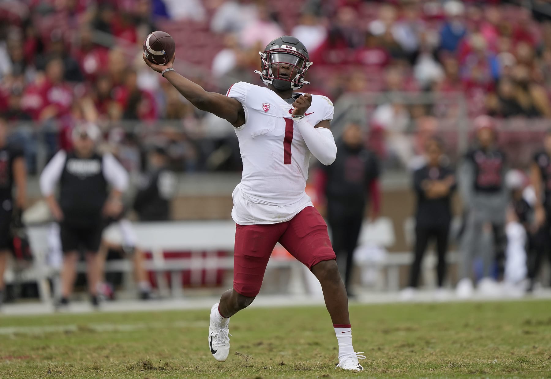 STANFORD, CALIFORNIA - NOVEMBER 05: Cameron Ward #1 of the Washington State Cougars throws a pass against the Stanford Cardinal during the third quarter of an NCAA football game at Stanford Stadium on November 05, 2022 in Stanford, California. (Photo by Thearon W. Henderson/Getty Images)
