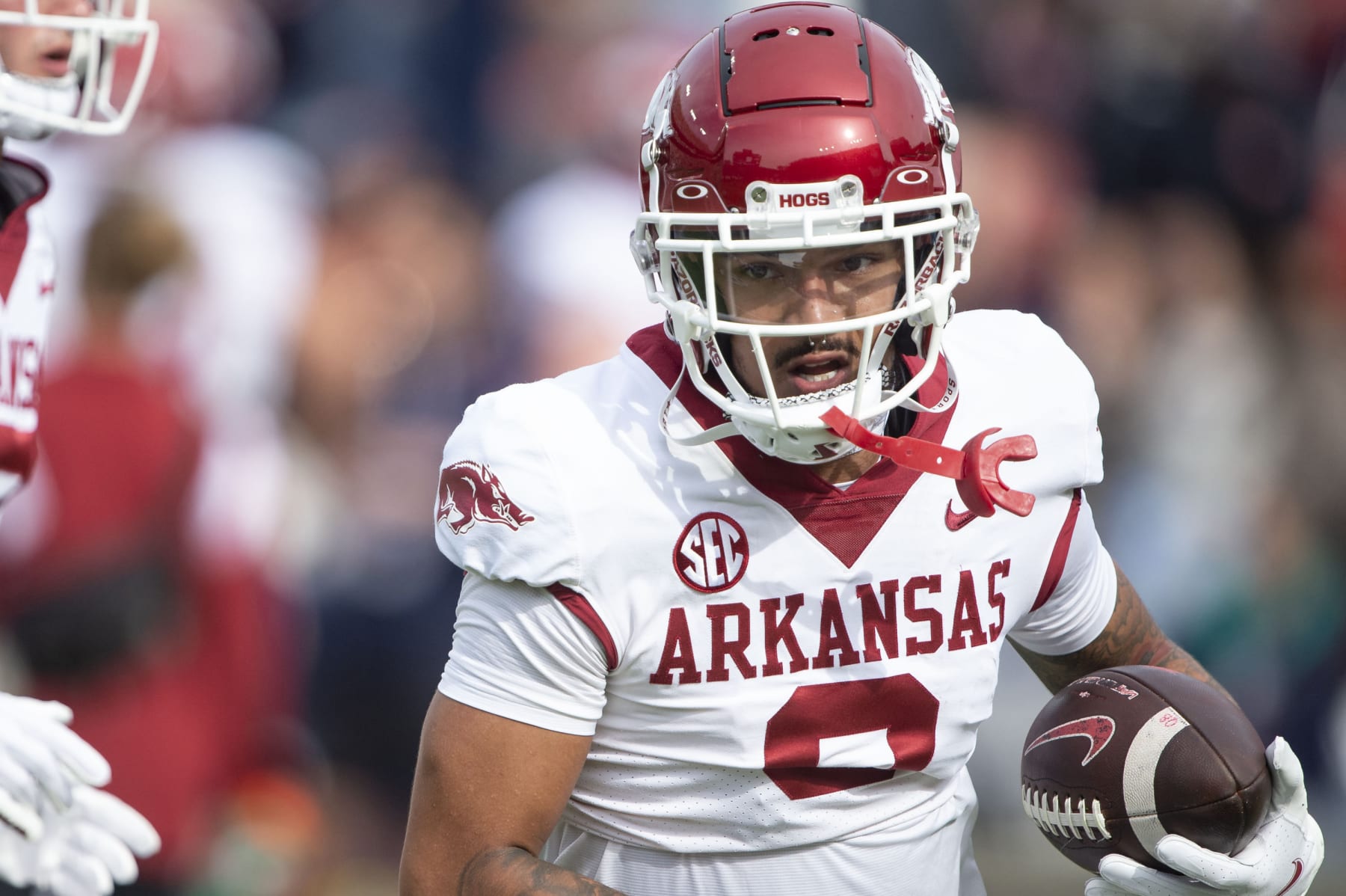 AUBURN, ALABAMA - OCTOBER 29: Wide receiver Jadon Haselwood #9 of the Arkansas Razorbacks prior to their game against the Auburn Tigers during their game against the Auburn Tigers at Jordan-Hare Stadium on October 29, 2022 in Auburn, Alabama. (Photo by Michael Chang/Getty Images)