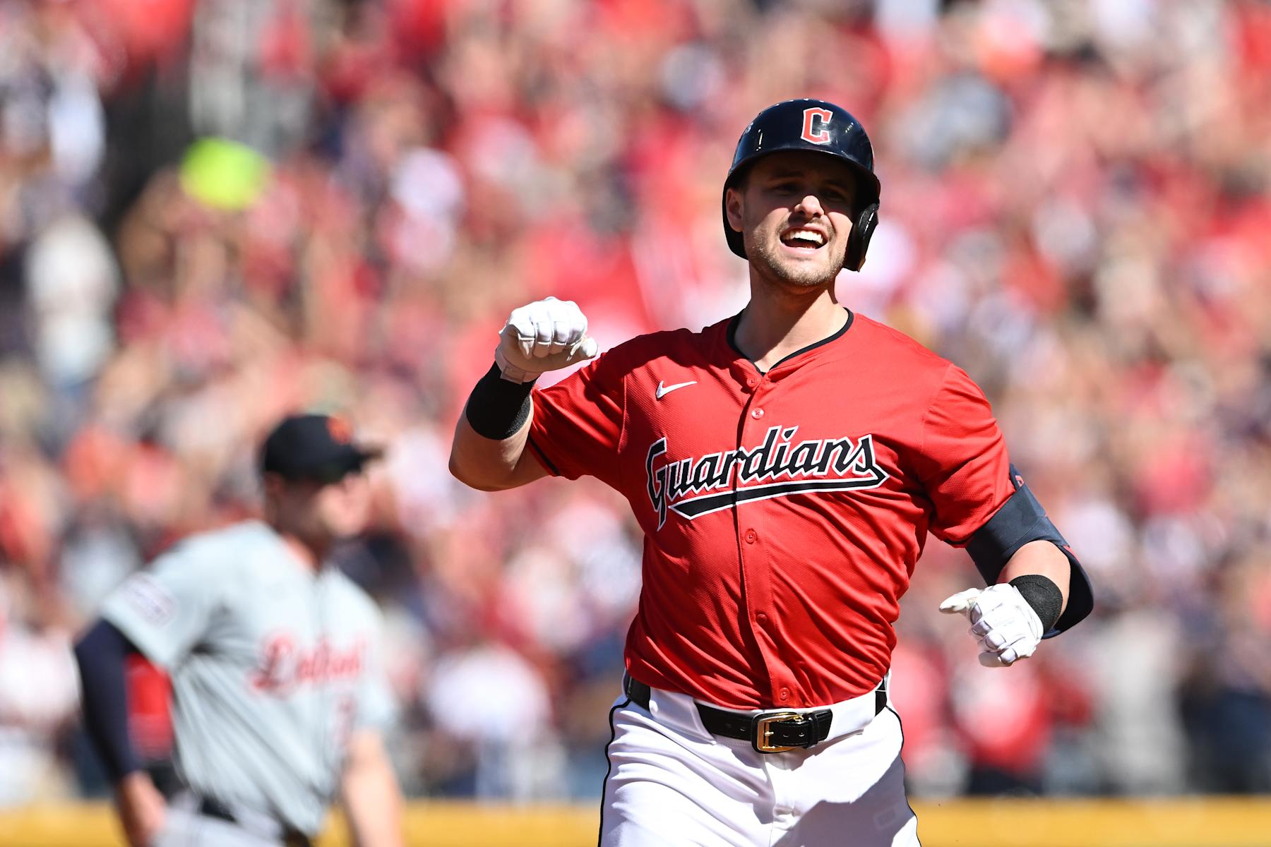 CLEVELAND, OHIO - OCTOBER 05: Lane Thomas #8 of the Cleveland Guardians reacts as he rounds the bases after hitting a three-run home run during the first inning against the Detroit Tigers in Game One of the Division Series at Progressive Field on October 05, 2024 in Cleveland, Ohio. (Photo by Nick Cammett/Getty Images)