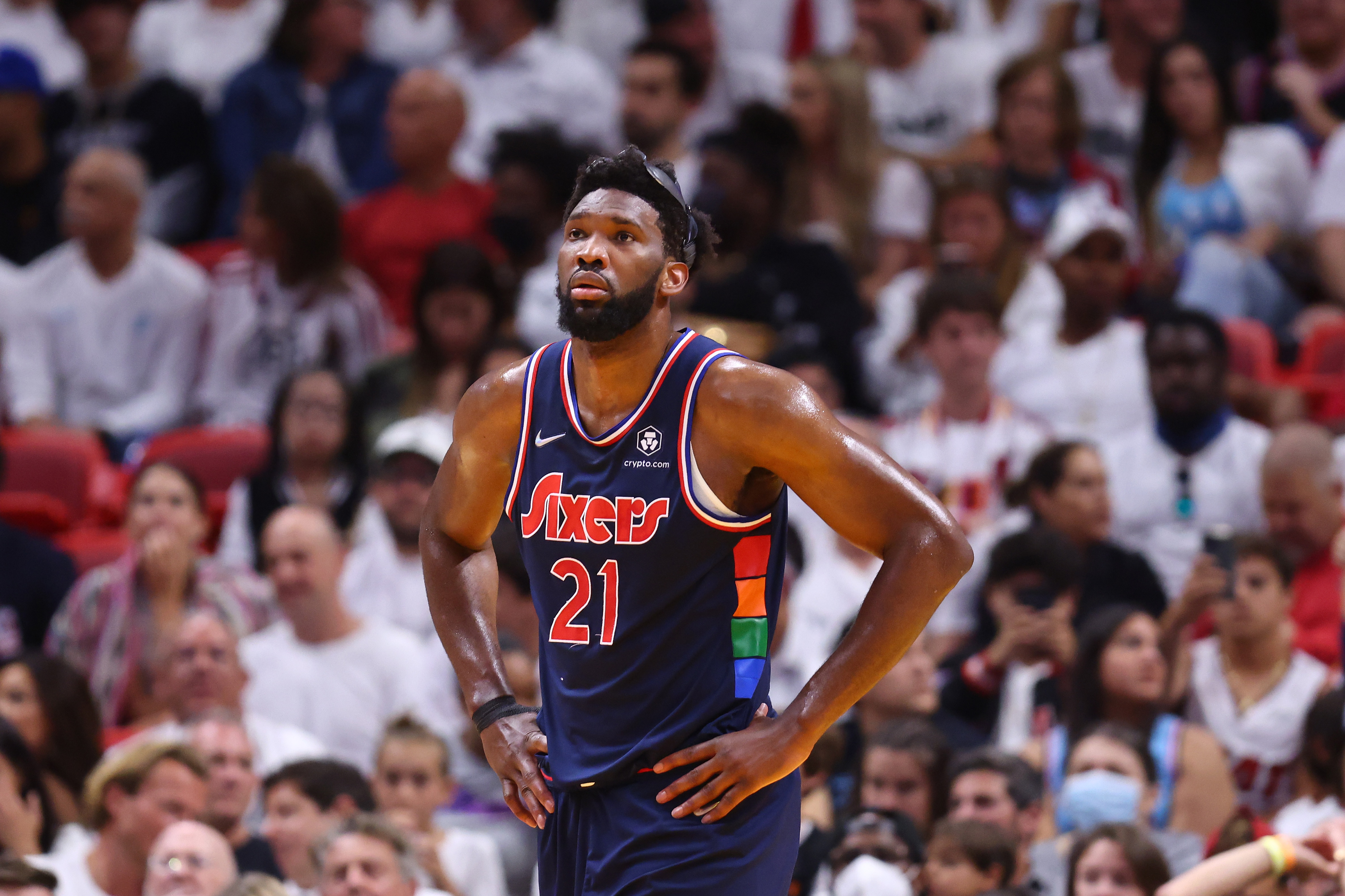MIAMI, FLORIDA - MAY 10: Joel Embiid #21 of the Philadelphia 76ers reacts against the Miami Heat during the first half in Game Five of the Eastern Conference Semifinals at FTX Arena on May 10, 2022 in Miami, Florida. NOTE TO USER: User expressly acknowledges and agrees that, by downloading and or using this photograph, User is consenting to the terms and conditions of the Getty Images License Agreement.  (Photo by Michael Reaves/Getty Images)