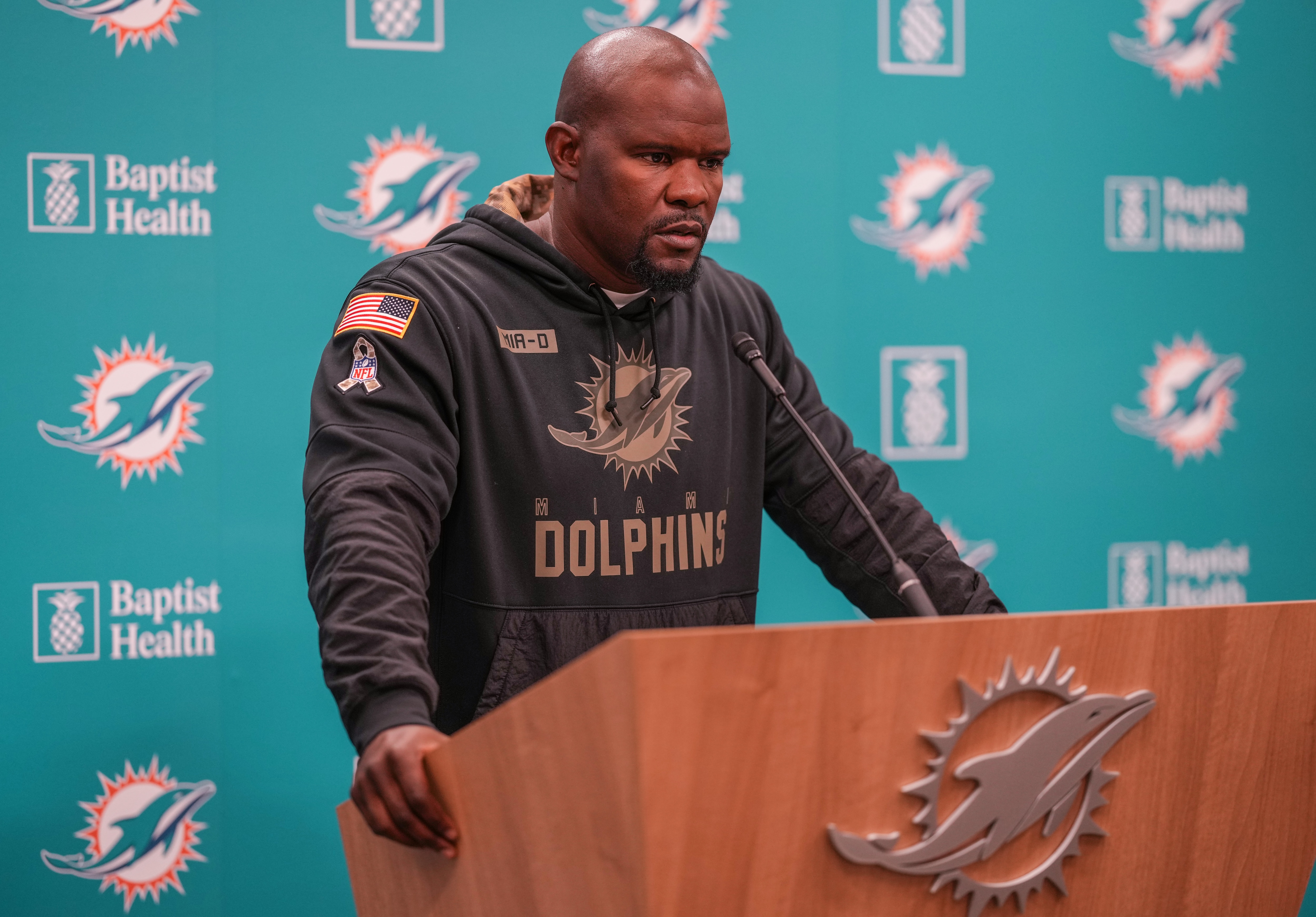 MIAMI GARDENS, FLORIDA - AUGUST 24: Head Coach Brian Flores of the Miami Dolphins speaks with the media prior to the start of practice during Training Camp at Baptist Health Training Complex on August 24, 2021 in Miami Gardens, Florida. (Photo by Mark Brown/Getty Images)