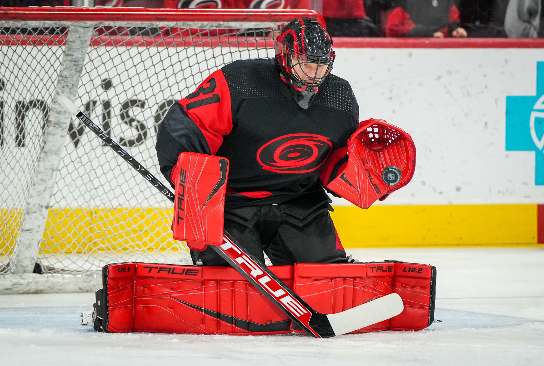RALEIGH, NORTH CAROLINA - MARCH 11: Frederik Andersen #31 of the Carolina Hurricanes warms up prior to a game against the Vegas Golden Knights at PNC Arena on March 11, 2023 in Raleigh, North Carolina. (Photo by Josh Lavallee/NHLI via Getty Images)