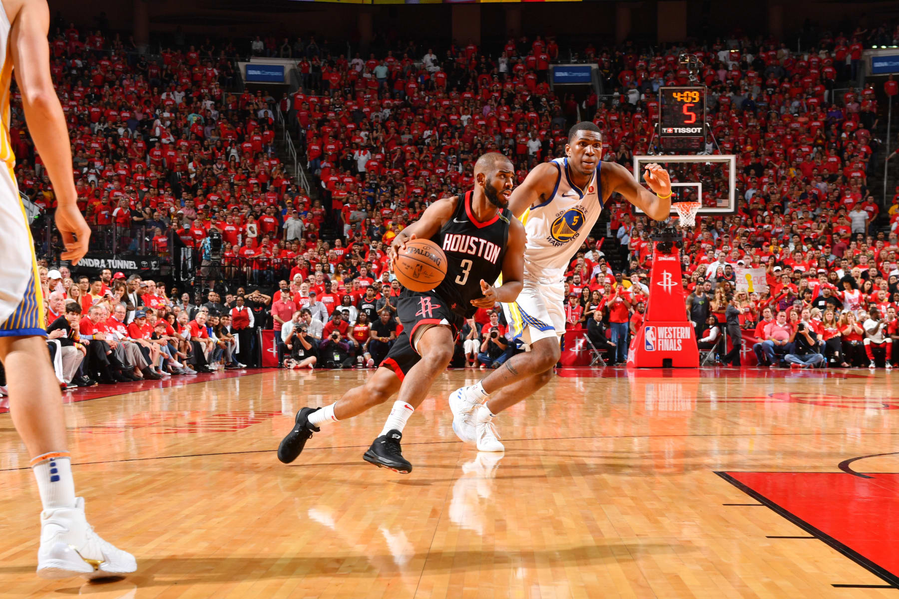 HOUSTON, TX - MAY 24: Chris Paul #3 of the Houston Rockets handles the ball against the Golden State Warriors during Game Five of the Western Conference Finals of the 2018 NBA Playoffs on May 24, 2018 at the Toyota Center in Houston, Texas. NOTE TO USER: User expressly acknowledges and agrees that, by downloading and or using this photograph, User is consenting to the terms and conditions of the Getty Images License Agreement. Mandatory Copyright Notice: Copyright 2018 NBAE (Photo by Jesse D. Garrabrant/NBAE via Getty Images)