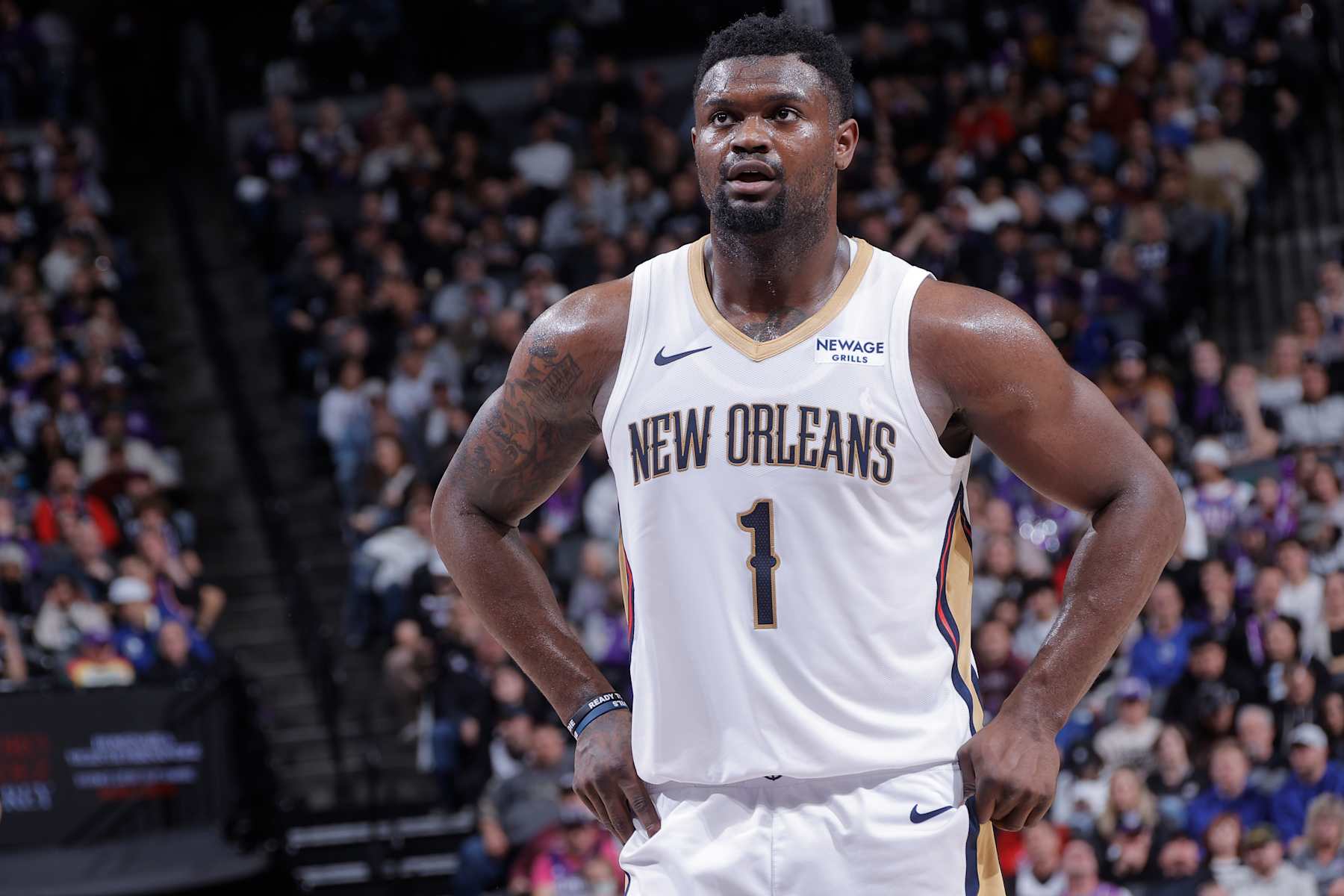 SACRAMENTO, CA - FEBRUARY 8:  Zion Williamson #1 of the New Orleans Pelicans looks on during the game against the Sacramento Kings on February 8, 2025 at Golden 1 Center in Sacramento, California. NOTE TO USER: User expressly acknowledges and agrees that, by downloading and or using this Photograph, user is consenting to the terms and conditions of the Getty Images License Agreement. Mandatory Copyright Notice: Copyright 2025 NBAE (Photo by Rocky Widner/NBAE via Getty Images)