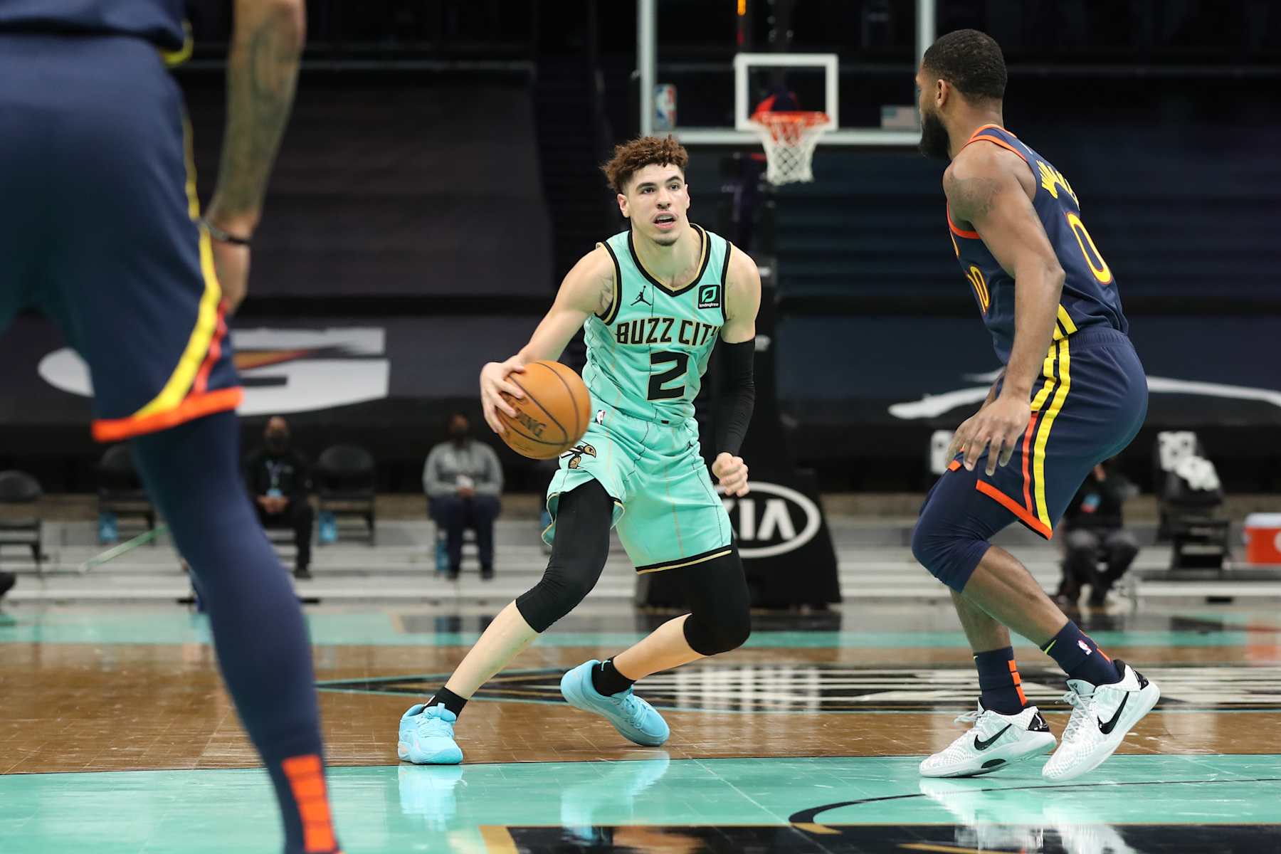 CHARLOTTE, NC - FEBRUARY 20: LaMelo Ball #2 of the Charlotte Hornets handles the ball during the game against the Golden State Warriors on February 20, 2021 at Spectrum Center in Charlotte, North Carolina. NOTE TO USER: User expressly acknowledges and agrees that, by downloading and or using this photograph, User is consenting to the terms and conditions of the Getty Images License Agreement.  Mandatory Copyright Notice:  Copyright 2021 NBAE (Photo by Brock Williams-Smith/NBAE via Getty Images)