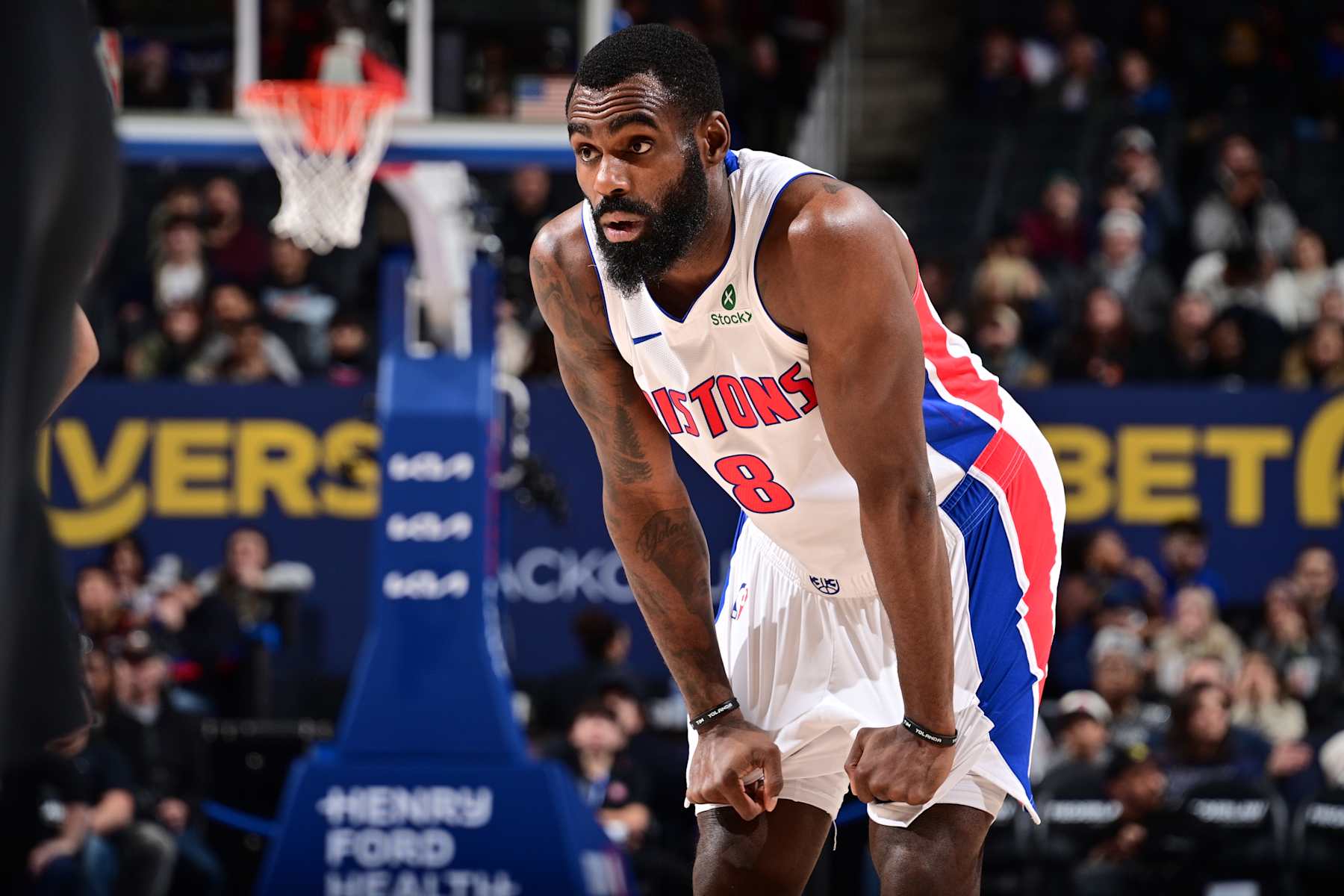 DETROIT, MI - JANUARY 06:  Tim Hardaway Jr. #8 of the Detroit Pistons looks on during the game against the Portland Trail Blazers on January 06, 2025 at Little Caesars Arena in Detroit, Michigan. NOTE TO USER: User expressly acknowledges and agrees that, by downloading and/or using this photograph, User is consenting to the terms and conditions of the Getty Images License Agreement. Mandatory Copyright Notice: Copyright 2025 NBAE (Photo by Chris Schwegler/NBAE via Getty Images)