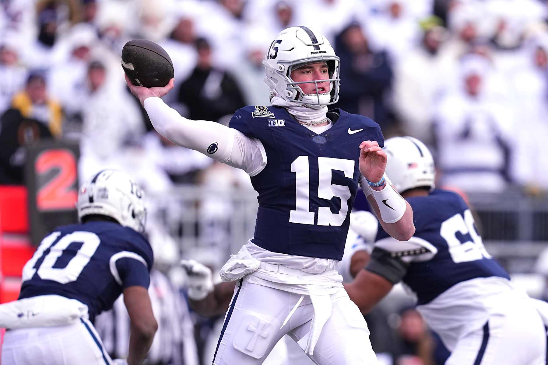 STATE COLLEGE, PENNSYLVANIA - DECEMBER 21: Drew Allar #15 of the Penn State Nittany Lions throws the ball during the first quarter against the Southern Methodist Mustangs in the Playoff First Round Game at Beaver Stadium on December 21, 2024 in State College, Pennsylvania. (Photo by Mitchell Leff/Getty Images)