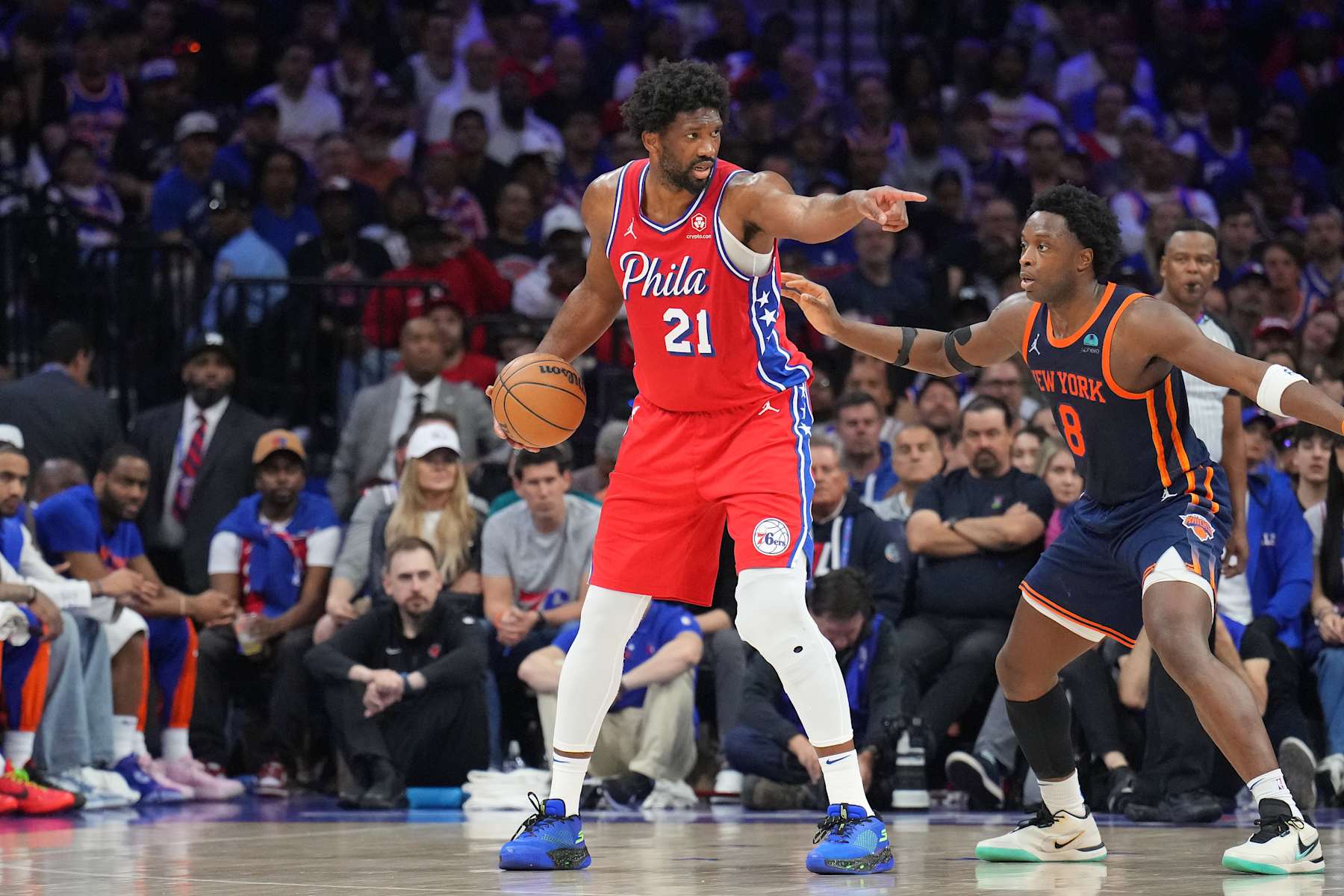 PHILADELPHIA, PA - APRIL 28: Joel Embiid #21 of the Philadelphia 76ers signals during the game against the New York Knicks during Round 1 Game 4 of the 2024 NBA Playoffs on April 28, 2024 at the Wells Fargo Center in Philadelphia, Pennsylvania NOTE TO USER: User expressly acknowledges and agrees that, by downloading and/or using this Photograph, user is consenting to the terms and conditions of the Getty Images License Agreement. Mandatory Copyright Notice: Copyright 2024 NBAE (Photo by Jesse D. Garrabrant/NBAE via Getty Images)