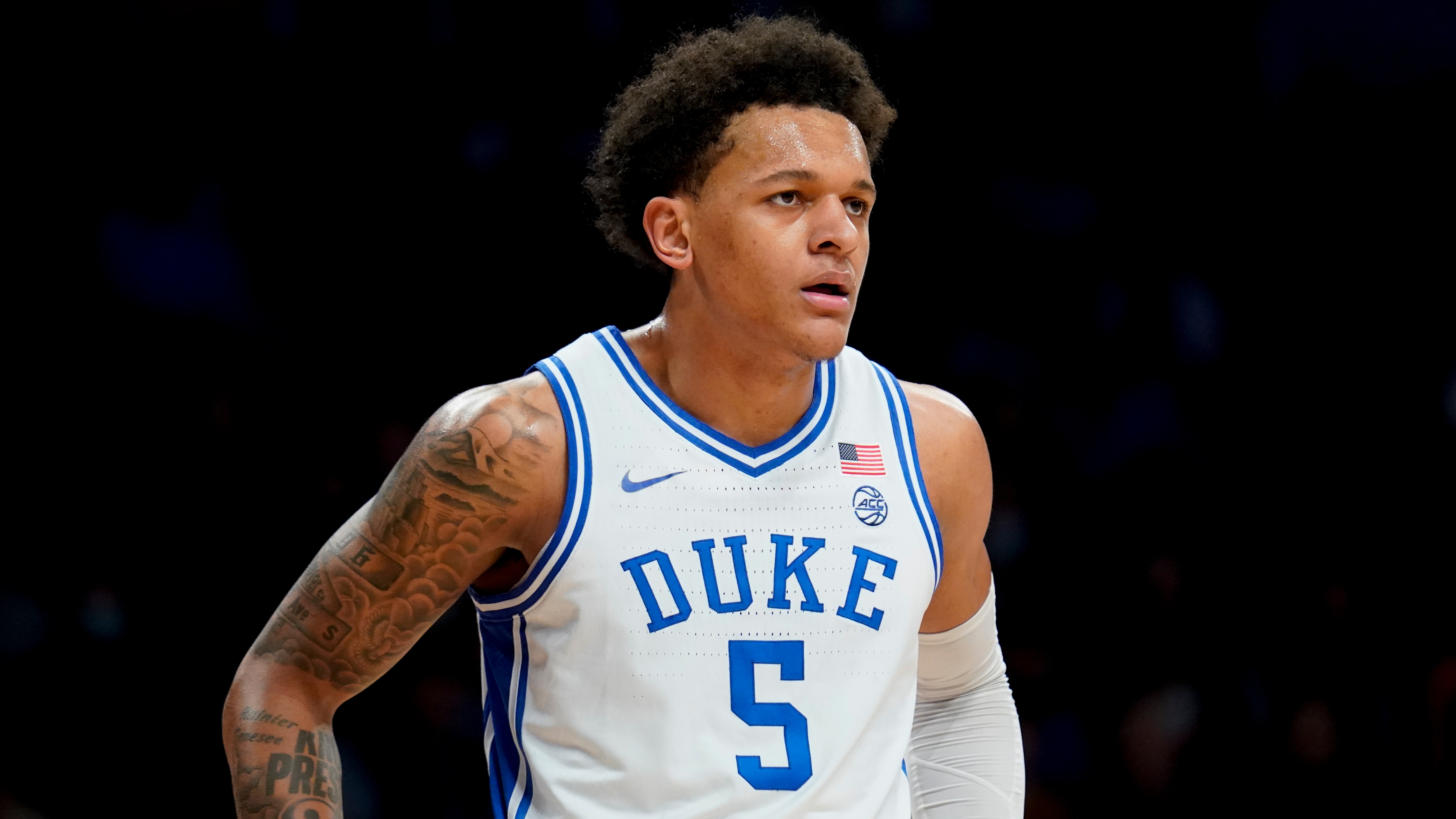Duke's Paolo Banchero (5) walks the court in the first half of an NCAA college basketball game against Syracuse during quarterfinals of the Atlantic Coast Conference men's tournament, Thursday, March 10, 2022, in New York. (AP Photo/John Minchillo)