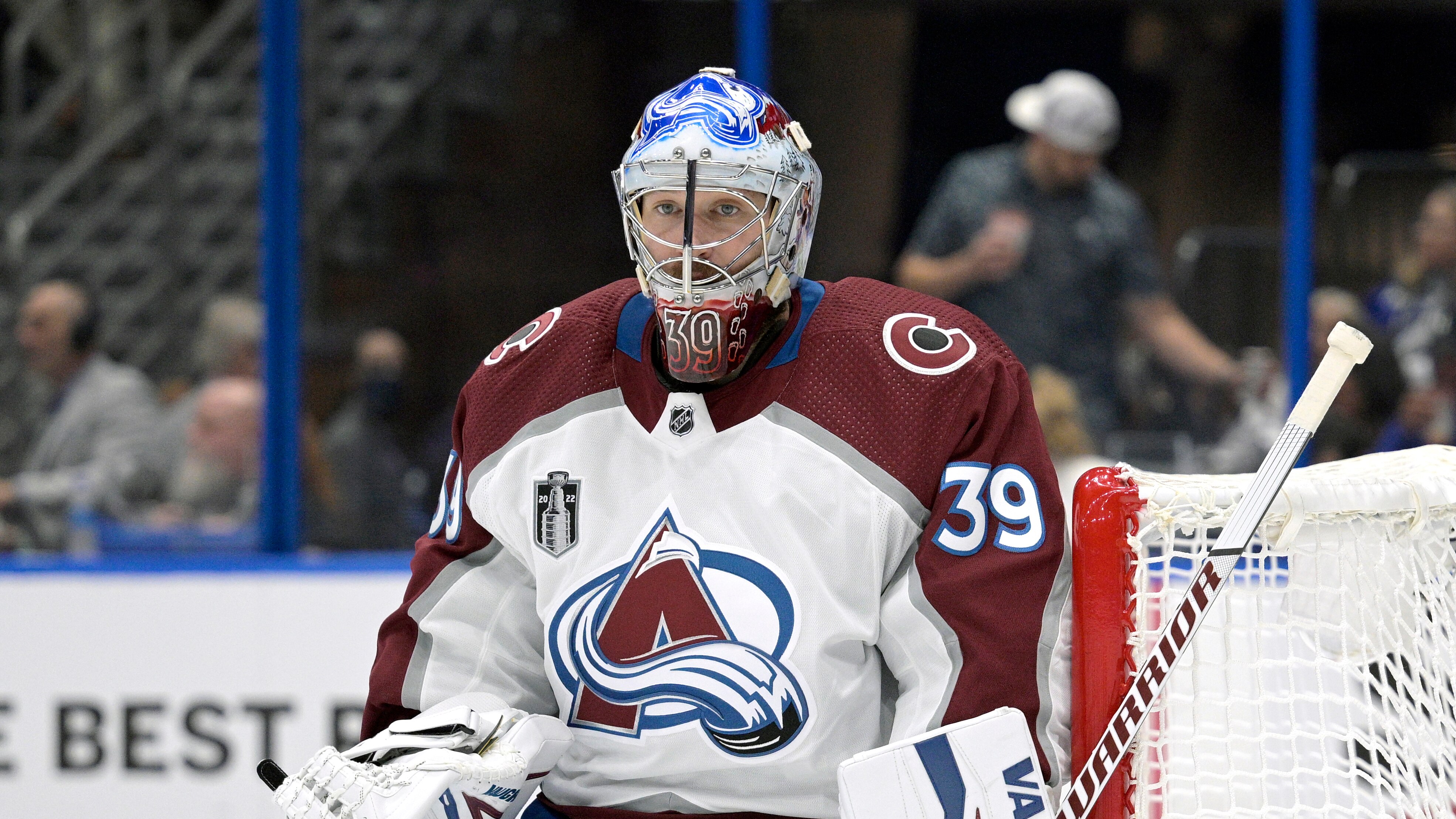 Colorado Avalanche goaltender Pavel Francouz (39) stands in front of the goal during the third period of Game 3 of the NHL hockey Stanley Cup Finals against the Tampa Bay Lightning on Monday, June 20, 2022, in Tampa, Fla. (AP Photo/Phelan M. Ebenhack)