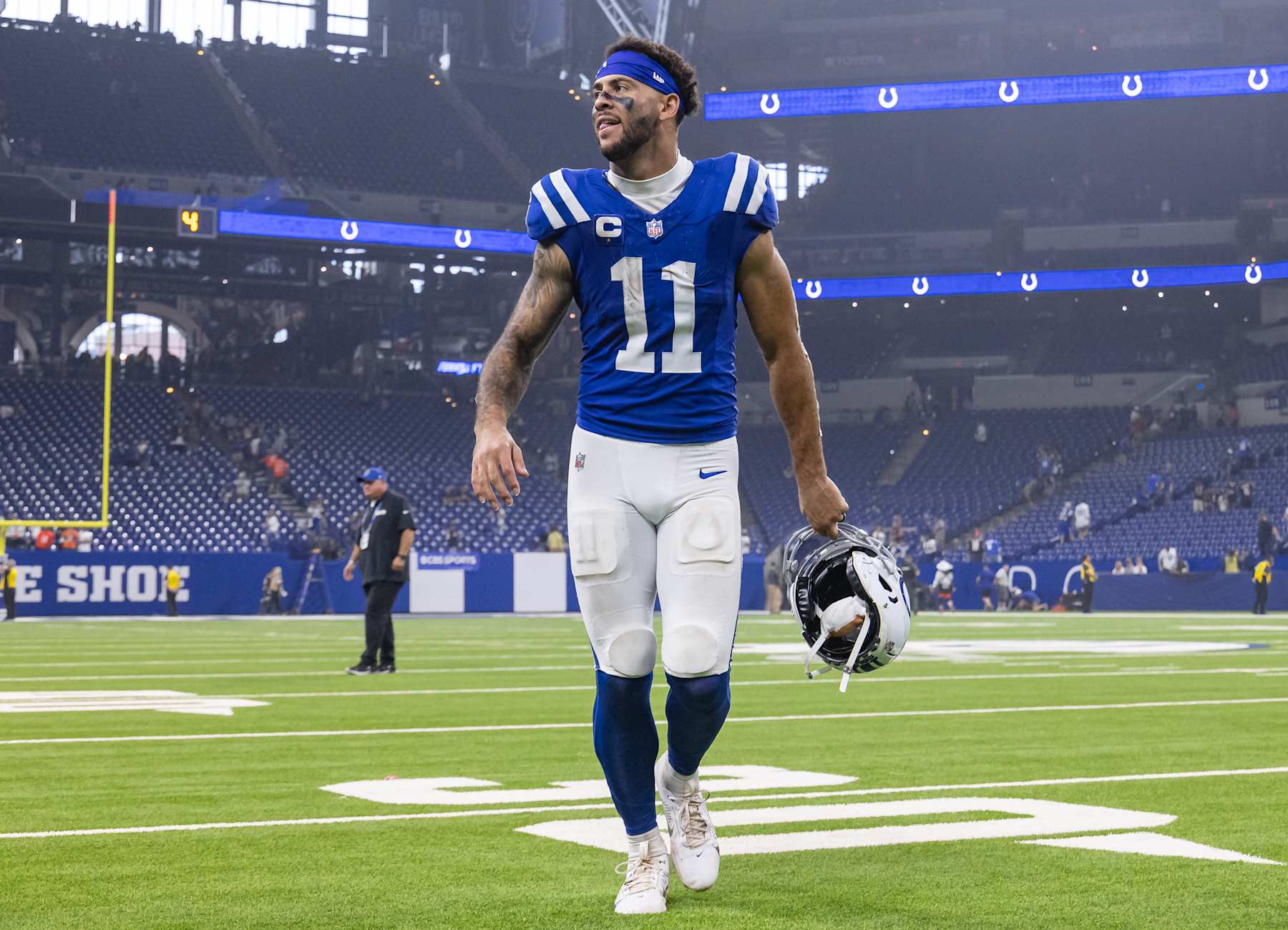 INDIANAPOLIS, INDIANA - SEPTEMBER 22: Michael Pittman Jr. #11 of the Indianapolis Colts is seen after the game against the Chicago Bears at Lucas Oil Stadium on September 22, 2024 in Indianapolis, Indiana. (Photo by Michael Hickey/Getty Images)