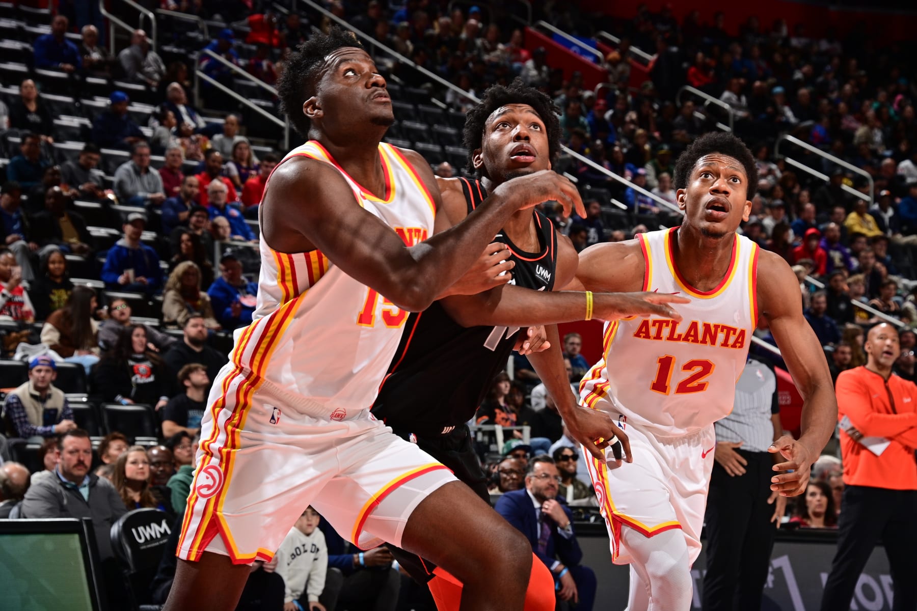 DETROIT, MI - NOVEMBER 14: Players box out during the In-Season Tournament on November 14, 2023 at Little Caesars Arena in Detroit, Michigan. NOTE TO USER: User expressly acknowledges and agrees that, by downloading and/or using this photograph, User is consenting to the terms and conditions of the Getty Images License Agreement. Mandatory Copyright Notice: Copyright 2023 NBAE (Photo by Chris Schwegler/NBAE via Getty Images)