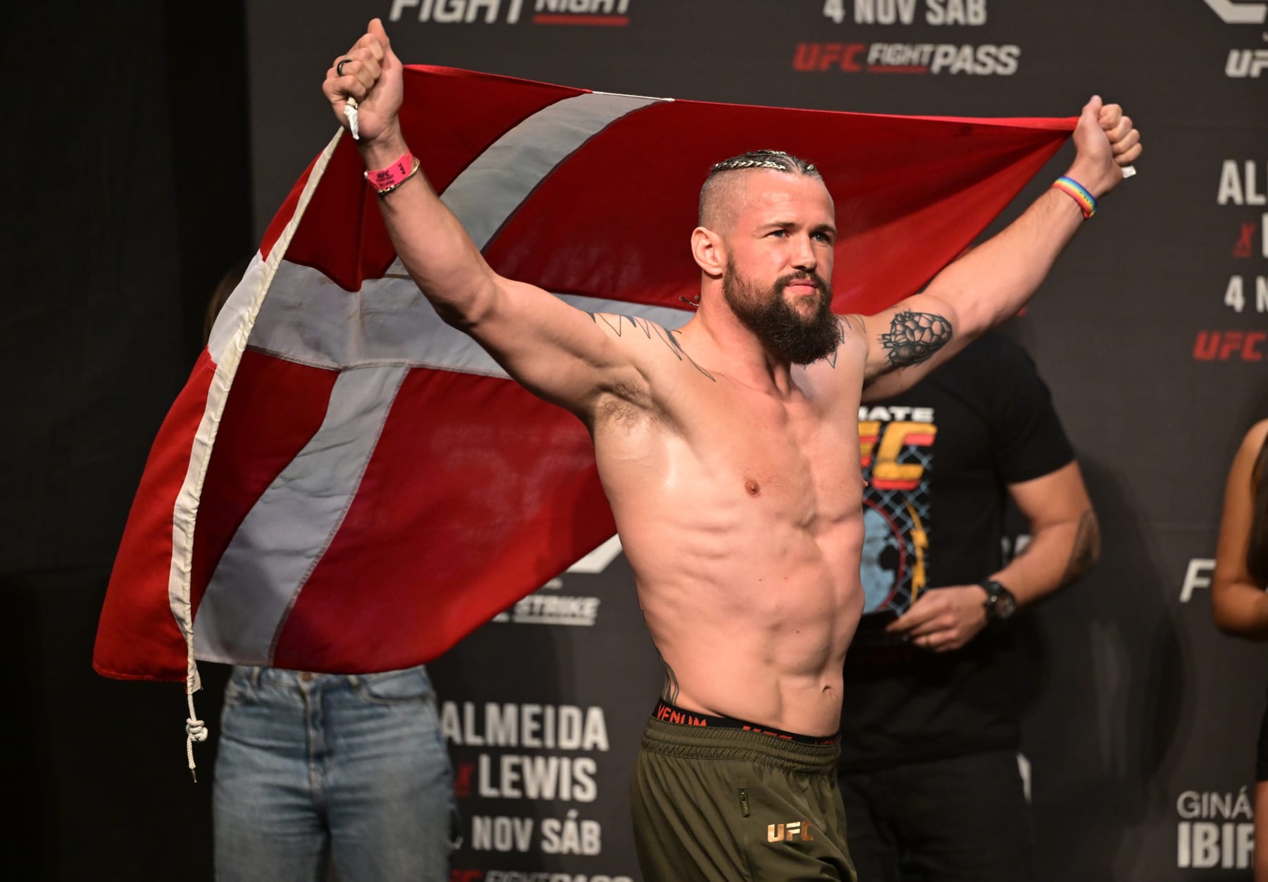 SAO PAULO, BRAZIL - NOVEMBER 03: Nicolas Dalby of Denmark walks on stage during the UFC Fight Night ceremonial weigh-in at Ibirapuera Gymnasium on November 03, 2023 in Sao Paulo, Brazil. (Photo by Pedro Vilela/Zuffa LLC via Getty Images)