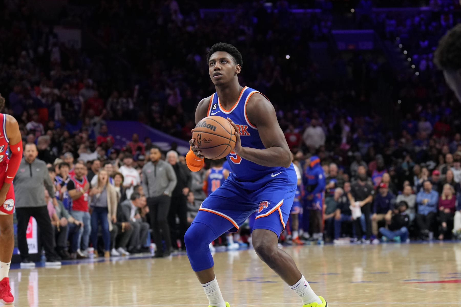 PHILADELPHIA, PA - NOVEMBER 4: RJ Barrett #9 of the New York Knicks prepares to shoot a free throw during the game against the Philadelphia 76ers on November 4, 2022 at the Wells Fargo Center in Philadelphia, Pennsylvania NOTE TO USER: User expressly acknowledges and agrees that, by downloading and/or using this Photograph, user is consenting to the terms and conditions of the Getty Images License Agreement. Mandatory Copyright Notice: Copyright 2022 NBAE (Photo by Jesse D. Garrabrant/NBAE via Getty Images)