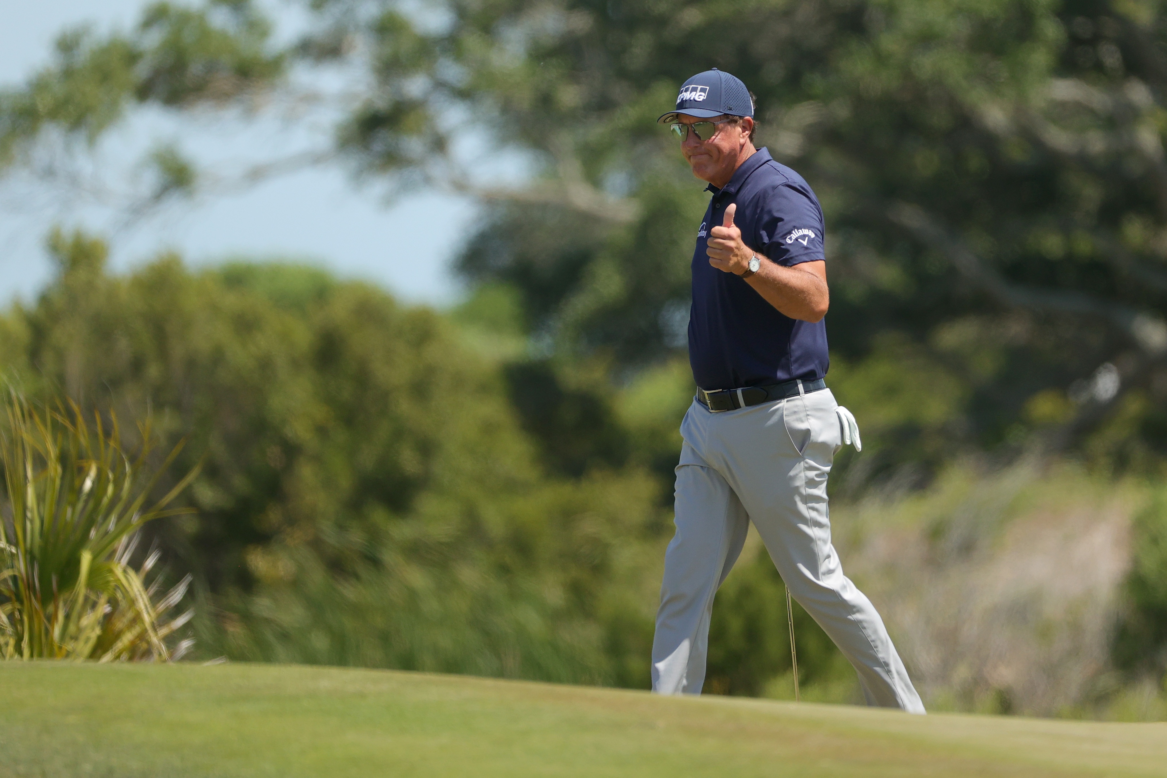 KIAWAH ISLAND, SOUTH CAROLINA - MAY 23: Phil Mickelson of the United States gives a thumbs up on the second hole during the final round of the 2021 PGA Championship held at the Ocean Course of Kiawah Island Golf Resort on May 23, 2021 in Kiawah Island, South Carolina. (Photo by Stacy Revere/Getty Images)