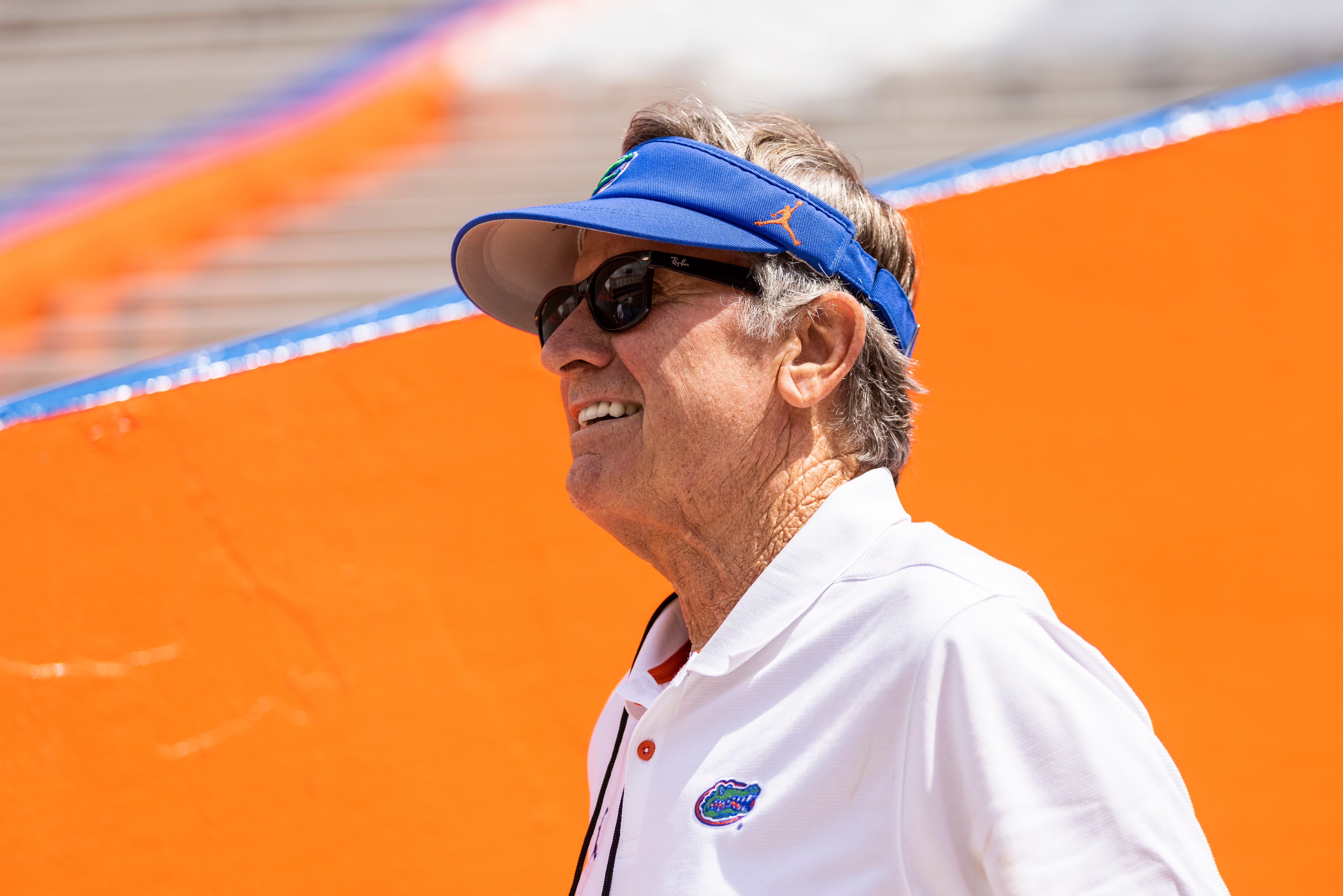 GAINESVILLE, FLORIDA - SEPTEMBER 18: Steve Spurrier looks on before the start of a game against the Alabama Crimson Tide at Ben Hill Griffin Stadium on September 18, 2021 in Gainesville, Florida. (Photo by James Gilbert/Getty Images)