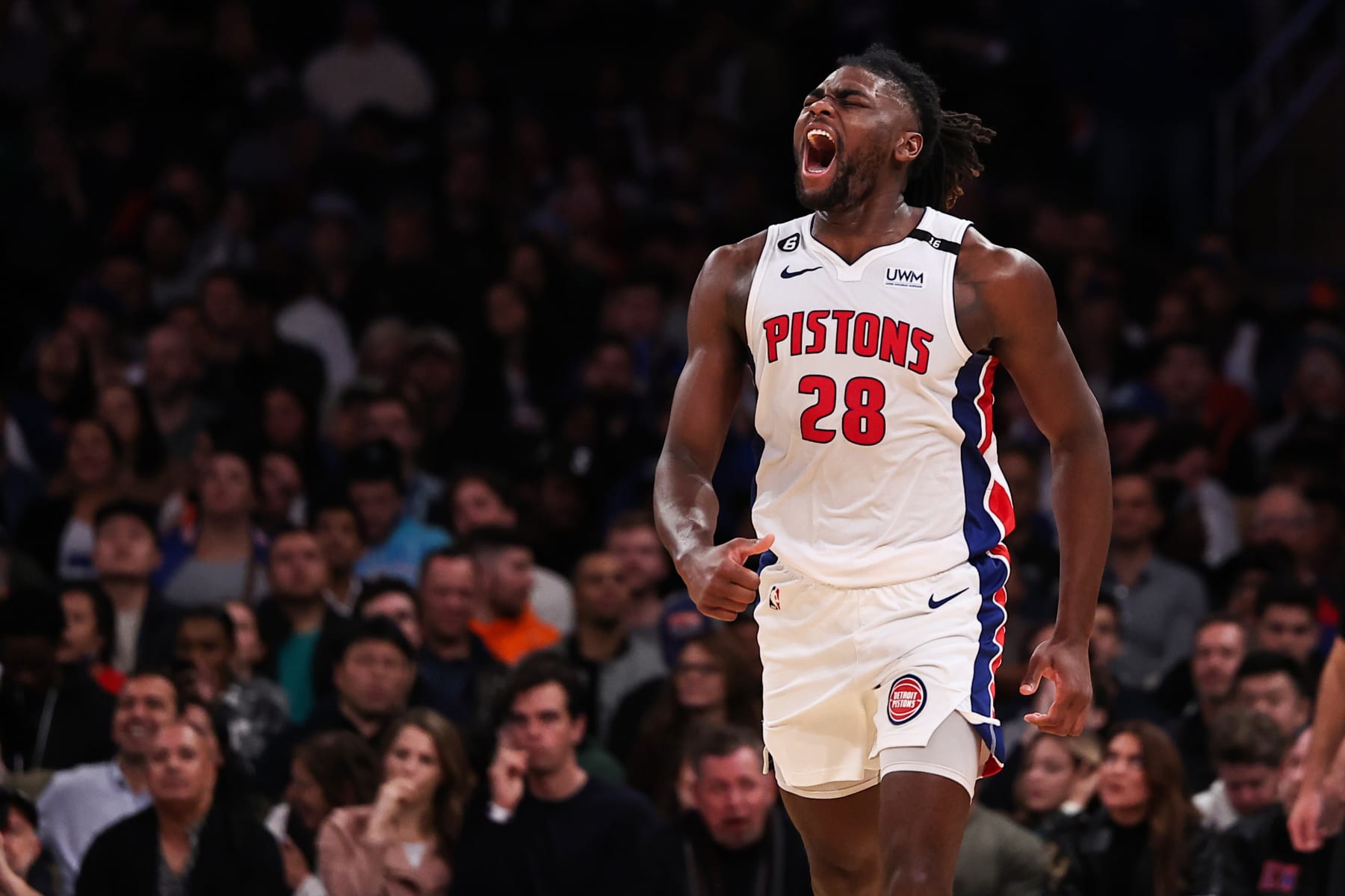 NEW YORK, NEW YORK - NOVEMBER 11: Isaiah Stewart #28 of the Detroit Pistons reacts after making a basket during the third quarter of the game against the New York Knicks at Madison Square Garden on November 11, 2022 in New York City. NOTE TO USER: User expressly acknowledges and agrees that, by downloading and or using this photograph, User is consenting to the terms and conditions of the Getty Images License Agreement. (Photo by Dustin Satloff/Getty Images)