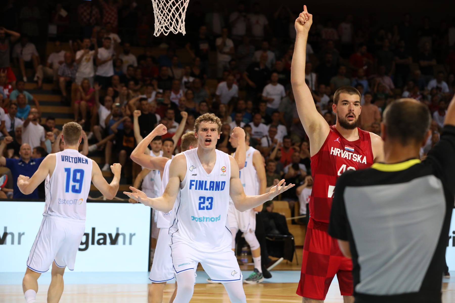 RIJEKA, CROATIA - JULY 03: Lauri Markkanen of Finland yells at the referee during the FIBA Basketball World Cup 2023 Qualifying game between Croatia and Finland at Sports hall Zamet on July 3, 2022 in Rijeka, Croatia. (Photo by Goran Kovacic/Pixsell/MB Media/Getty Images)