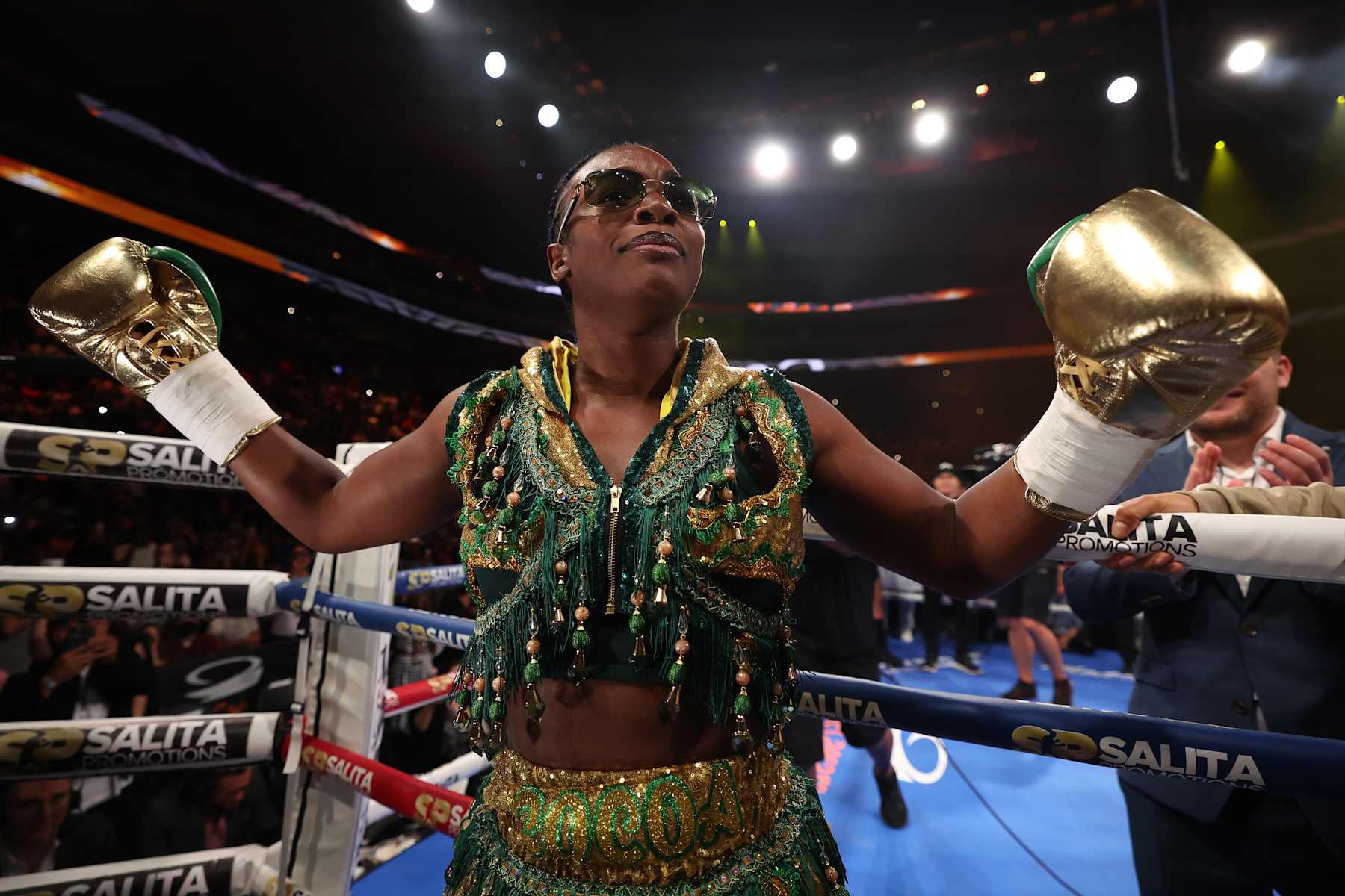 DETROIT, MICHIGAN - JUNE 03: Claressa Shields enters the ring to fight Maricela Cornejo for the Middleweight Championship at Little Caesars Arena on June 03, 2023 in Detroit, Michigan. (Photo by Gregory Shamus/Getty Images)