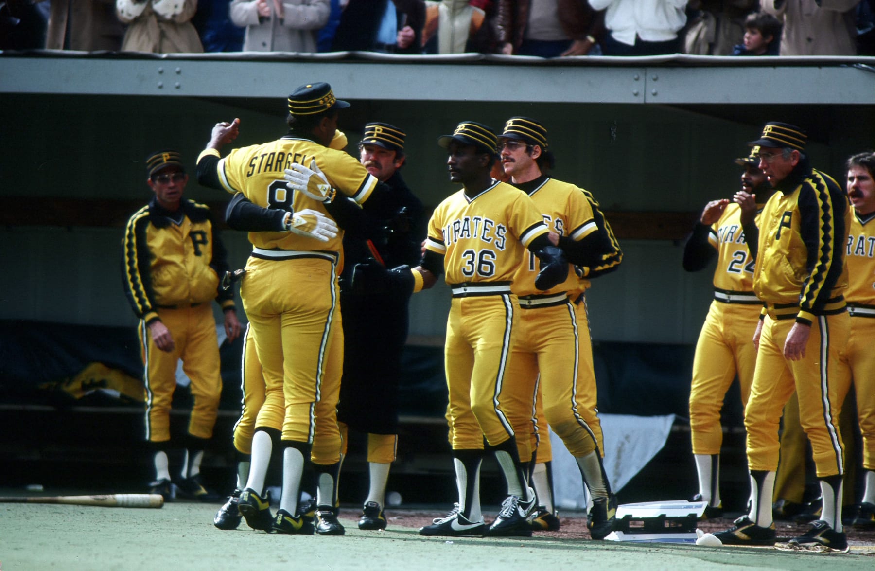 PITTSBURGH, PA - OCTOBER 12:  Willie "Pops" Stargell of the Pittsburgh Pirates is congratulated after scoring during World Series game three between the Pittsburgh Pirates and Baltimore Orioles on October 12, 1979 at Three Rivers Stadium in Pittsburgh, Pennsylvania. The Orioles defeated the Pirates 8-4. (Photo by Rich PillingGetty Images)