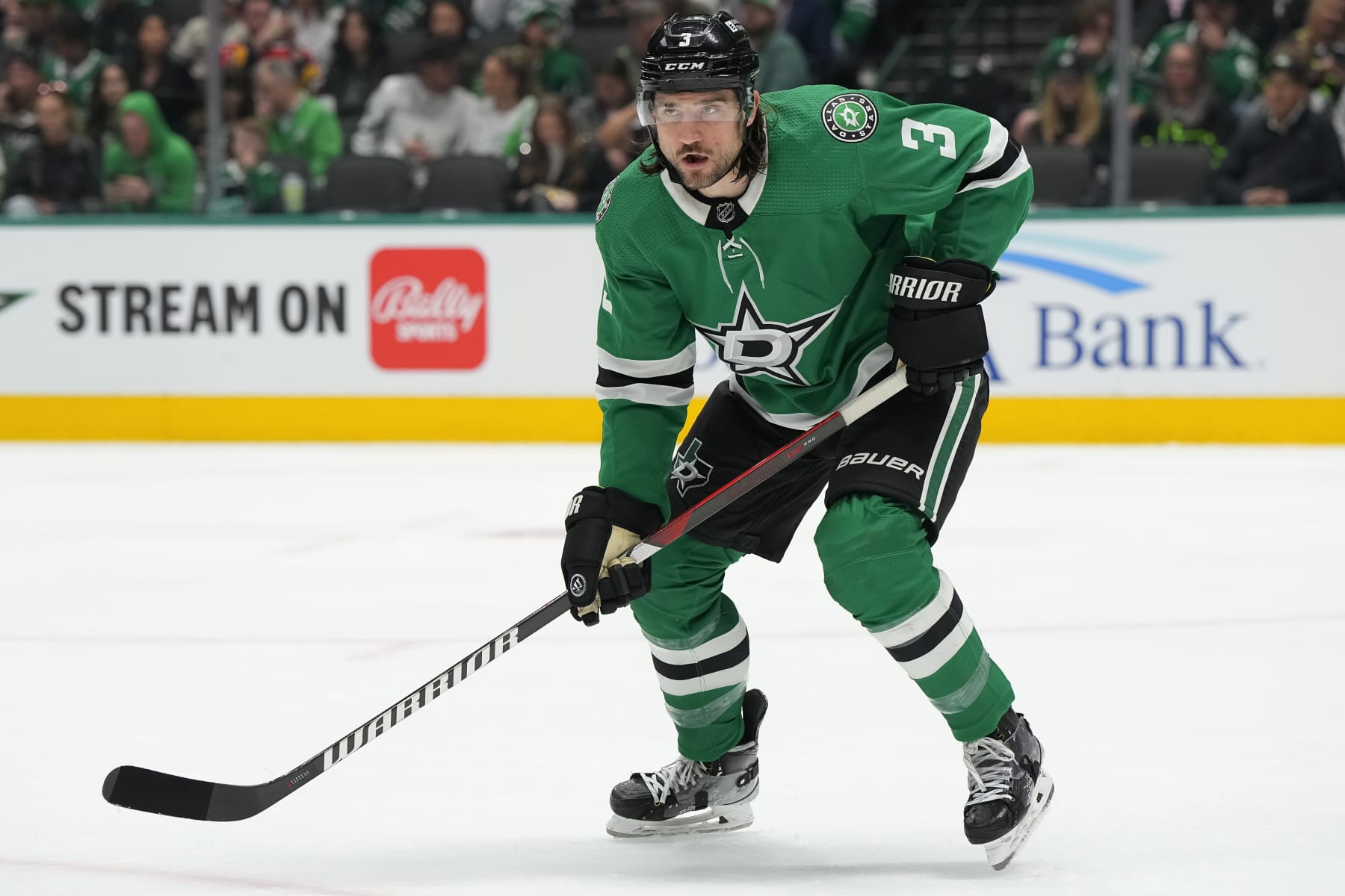 DALLAS, TEXAS - MARCH 12: Chris Tanev #3 of the Dallas Stars looks on during the second period against the Florida Panthers at American Airlines Center on March 12, 2024 in Dallas, Texas. (Photo by Sam Hodde/Getty Images)
