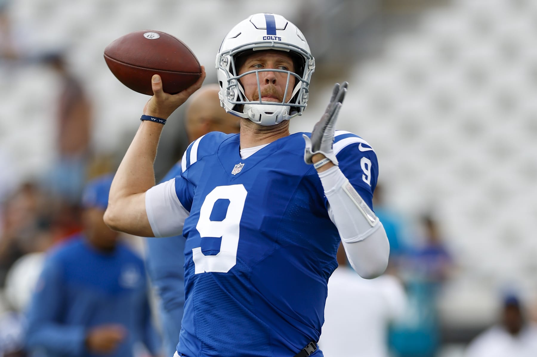 JACKSONVILLE, FL - SEPTEMBER 18: Indianapolis Colts quarterback Nick Foles (9) throws a pass during the game between the Indianapolis Colts and the Jacksonville Jaguars on September 19, 2022 at TIAA Bank Field in Jacksonville, Fl. (Photo by David Rosenblum/Icon Sportswire via Getty Images)