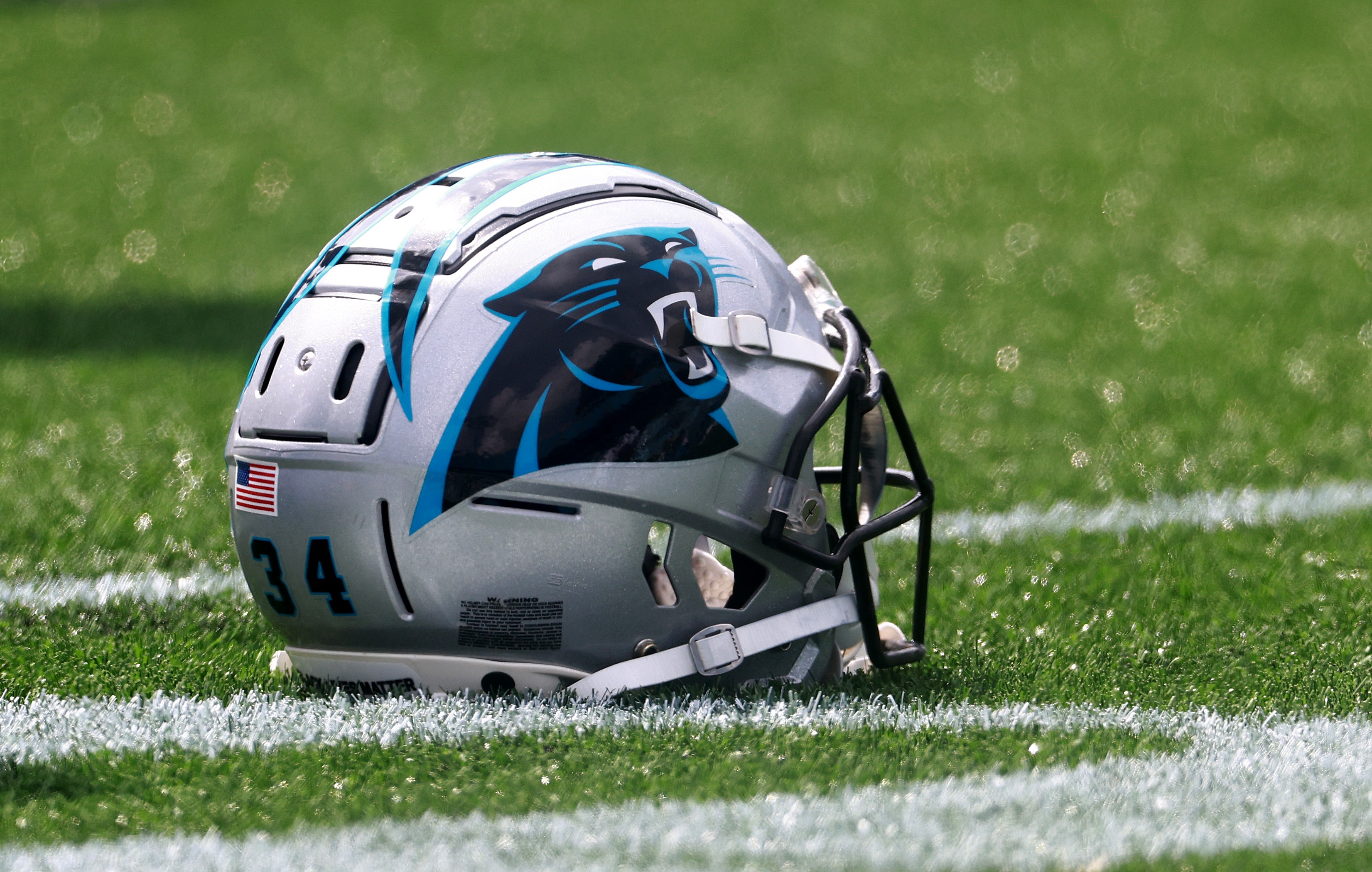 CHARLOTTE, NORTH CAROLINA - SEPTEMBER 19: A detail photo of a Carolina Panthers helmet during a game against the New Orleans Saints at Bank of America Stadium on September 19, 2021 in Charlotte, North Carolina. (Photo by Grant Halverson/Getty Images)