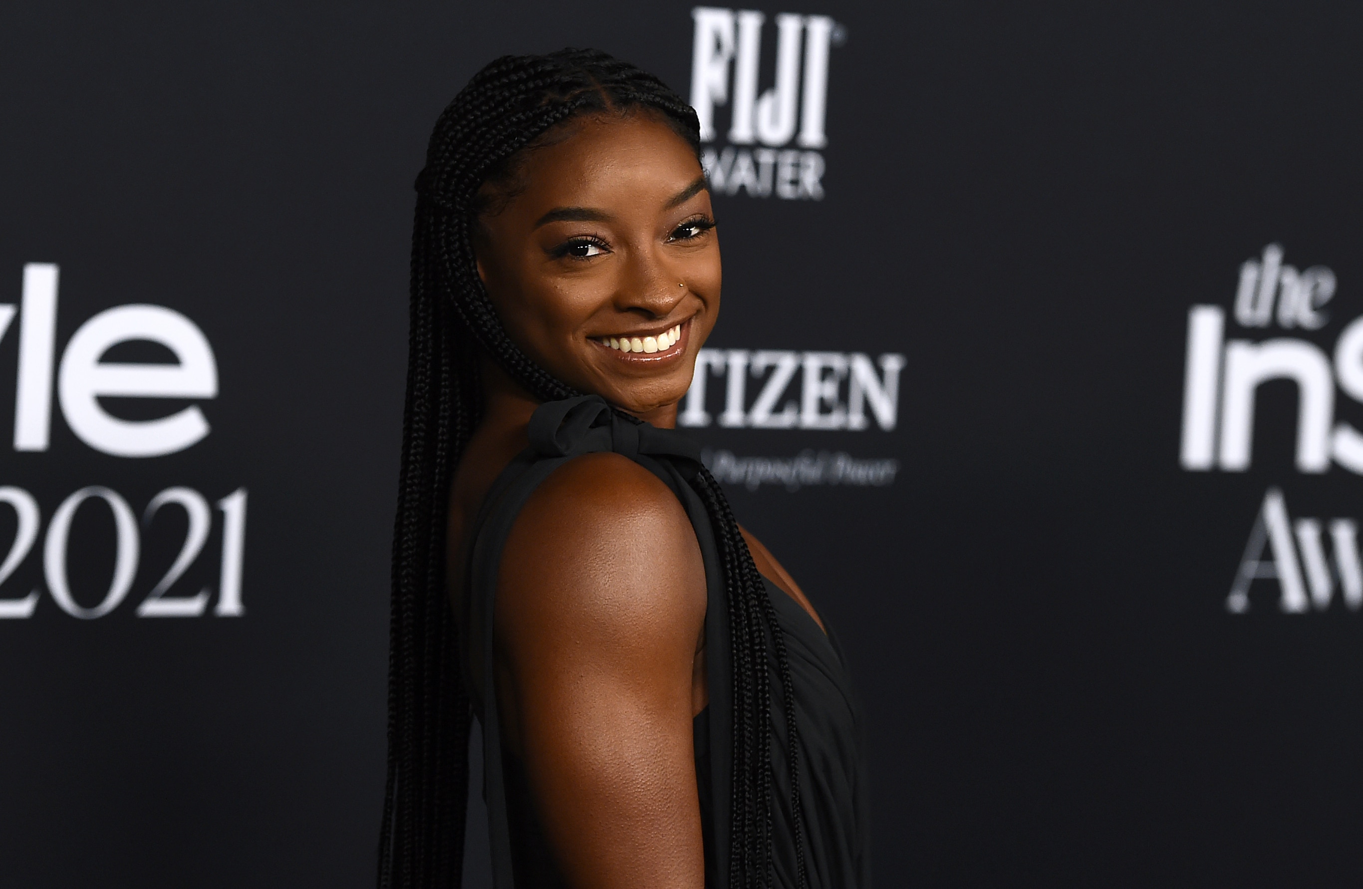 Simone Biles arrives at the InStyle Awards at The Getty Center on Monday, Nov. 15, 2021, in Los Angeles. (Photo by Jordan Strauss/Invision/AP)