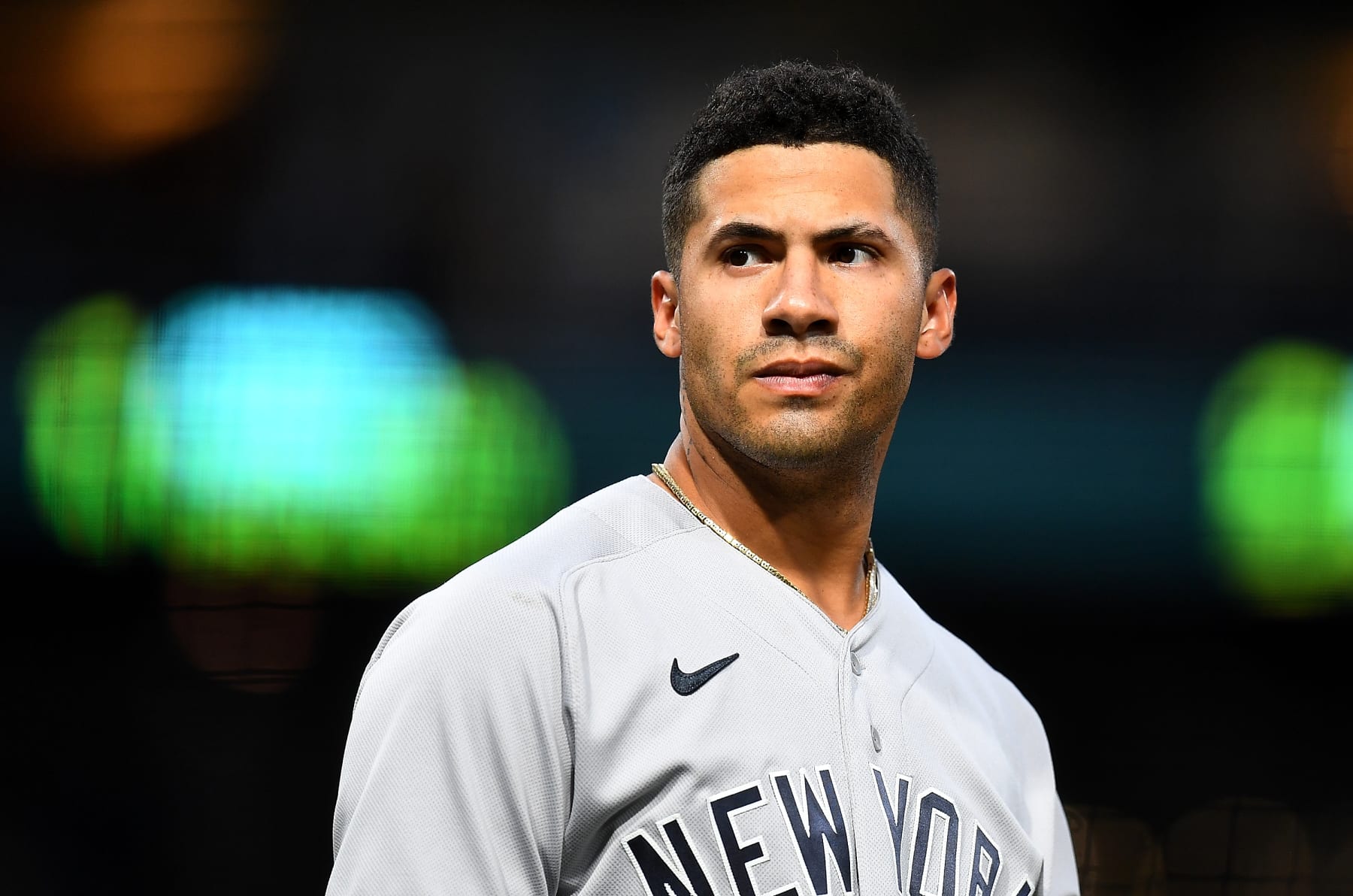 PITTSBURGH, PA - JULY 05:  Gleyber Torres #25 of the New York Yankees looks on during the game against the Pittsburgh Pirates at PNC Park on July 5, 2022 in Pittsburgh, Pennsylvania. (Photo by Joe Sargent/Getty Images)
