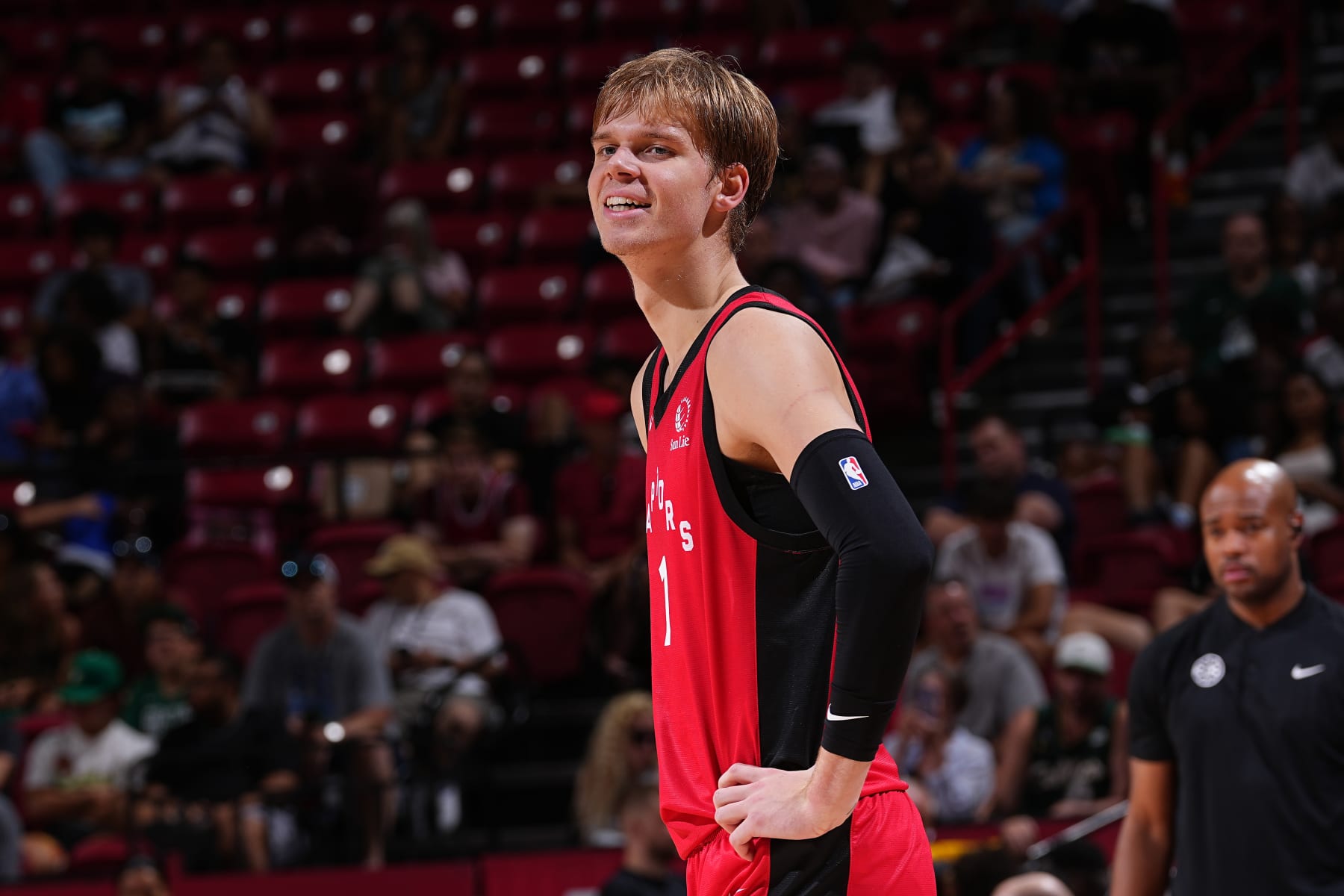 LAS VEGAS, NV - JULY 12: Gradey Dick #1 of the Toronto Raptors looks on during the 2023 NBA Las Vegas Summer League on July 12, 2023 at the Thomas & Mack Center in Las Vegas, Nevada. NOTE TO USER: User expressly acknowledges and agrees that, by downloading and or using this photograph, User is consenting to the terms and conditions of the Getty Images License Agreement. Mandatory Copyright Notice: Copyright 2023 NBAE (Photo by Bart Young/NBAE via Getty Images)
