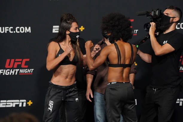 LAS VEGAS, NV - MAY 7: Amanda Ribas (left) and Angela Hill (right) face-off in front of the press during UFC Fight Night | Vegas 26 : Rodriguez vs Waterson at UFC Apex on May 7, 2021 in Las Vegas, NV. (Photo by Louis Grasse/PxImages/Icon Sportswire via Getty Images)
