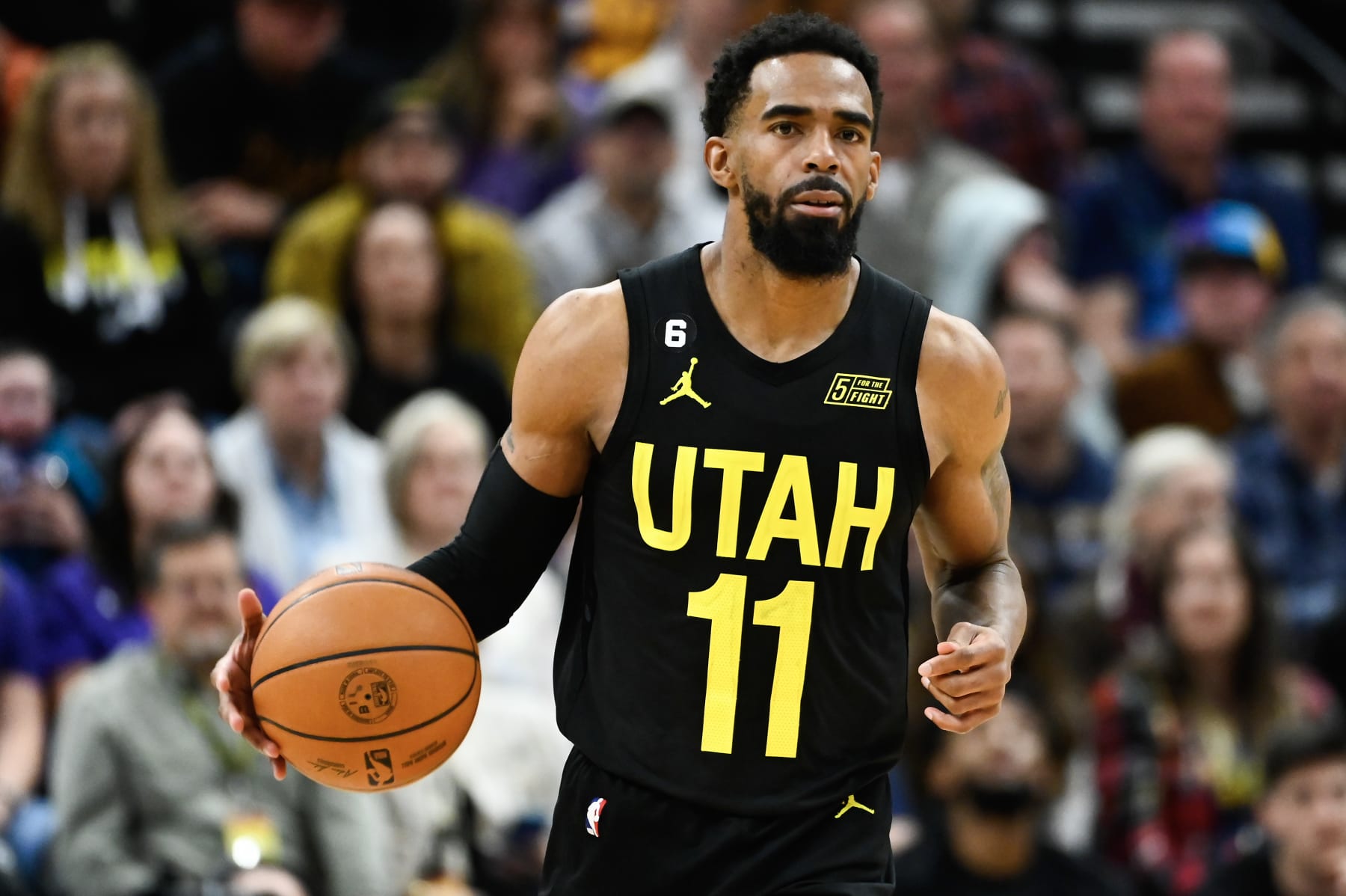 SALT LAKE CITY, UTAH - FEBRUARY 01: Mike Conley #11 of the Utah Jazz in action during the second half of a game against the Toronto Raptors at Vivint Arena on February 01, 2023 in Salt Lake City, Utah. NOTE TO USER: User expressly acknowledges and agrees that, by downloading and or using this photograph, User is consenting to the terms and conditions of the Getty Images License Agreement.  (Photo by Alex Goodlett/Getty Images)