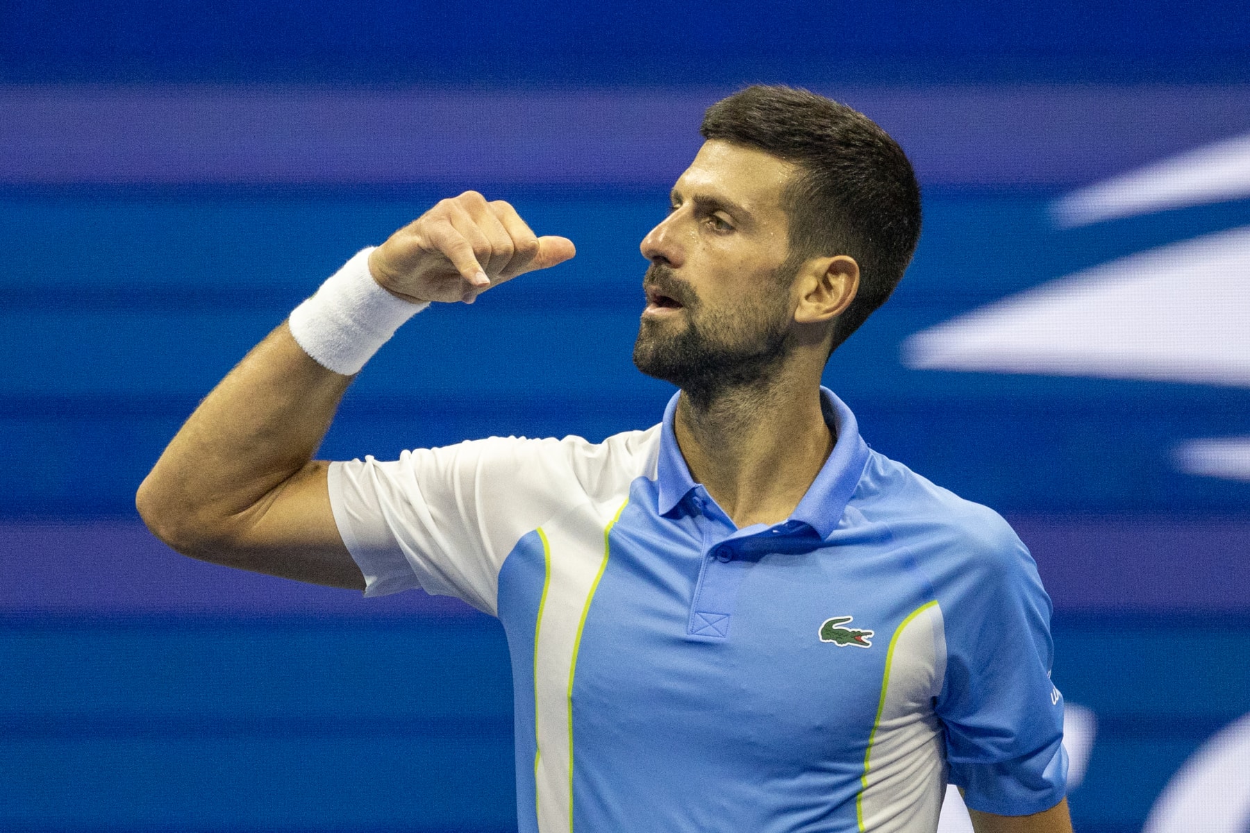 NEW YORK, USA:  September 8:  Novak Djokovic of Serbia celebrates his victory against Ben Shelton of the United States in the Men's Singles Semi-Finals match on Arthur Ashe Stadium during the US Open Tennis Championship 2023 at the USTA National Tennis Centre on September 8th, 2023 in Flushing, Queens, New York City.  (Photo by Tim Clayton/Corbis via Getty Images)