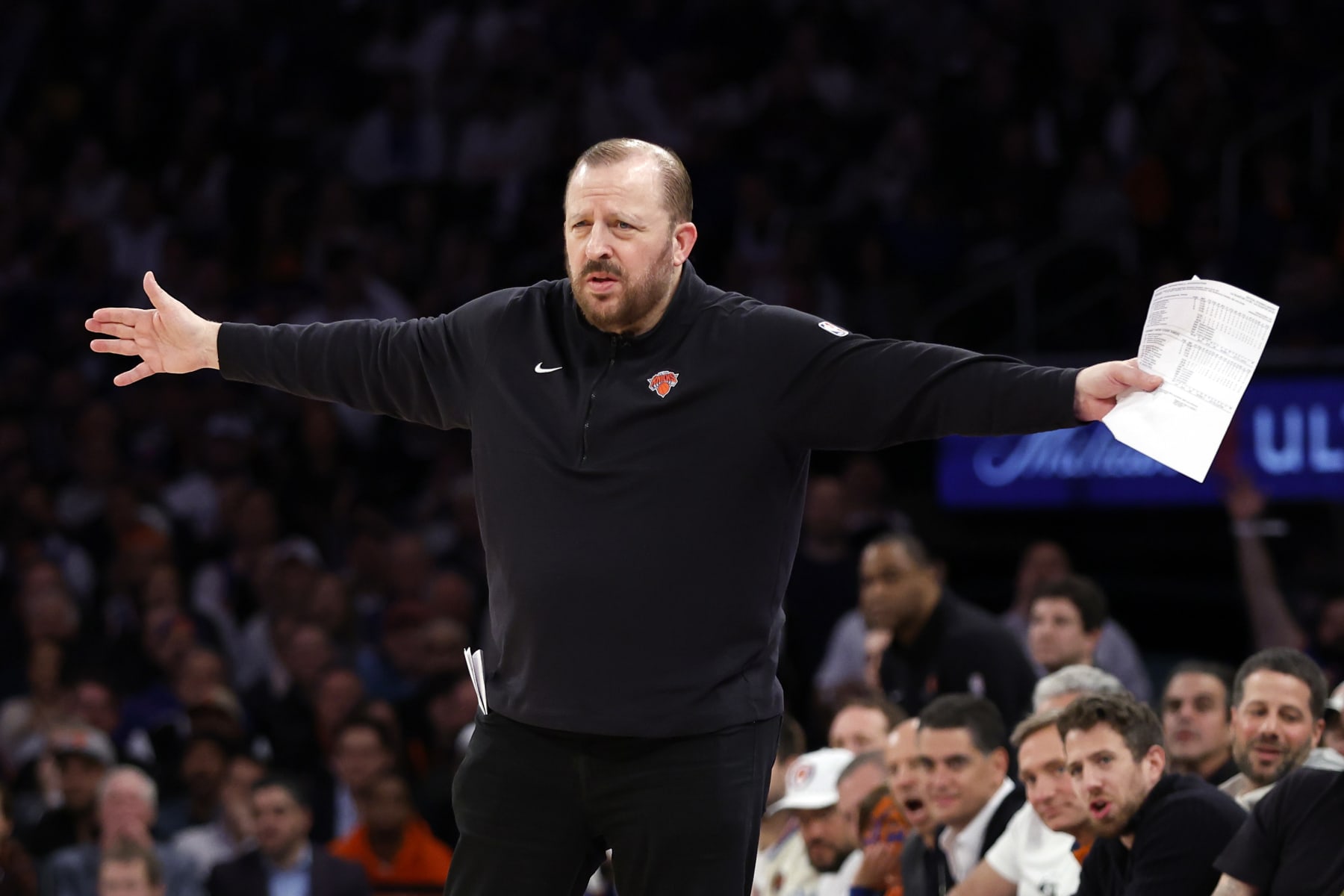 NEW YORK, NEW YORK - APRIL 22: Head coach Tom Thibodeau of the New York Knicks reacts during the first half against the Philadelphia 76ers in Game Two of the Eastern Conference First Round Playoffs at Madison Square Garden on April 22, 2024 in New York City. NOTE TO USER: User expressly acknowledges and agrees that, by downloading and or using this photograph, User is consenting to the terms and conditions of the Getty Images License Agreement. (Photo by Sarah Stier/Getty Images)