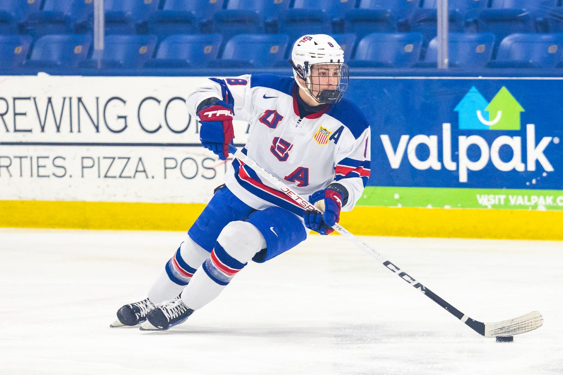 PLYMOUTH, MI - FEBRUARY 6: Teddy Stiga #8 of Team USA skates with the puck during U18 Five Nations Tournament between Team Switzerland and Team USA at USA Hockey Arena on February 6, 2024 in Plymouth, Michigan. (Photo by Michael Miller/ISI Photos/Getty Images)