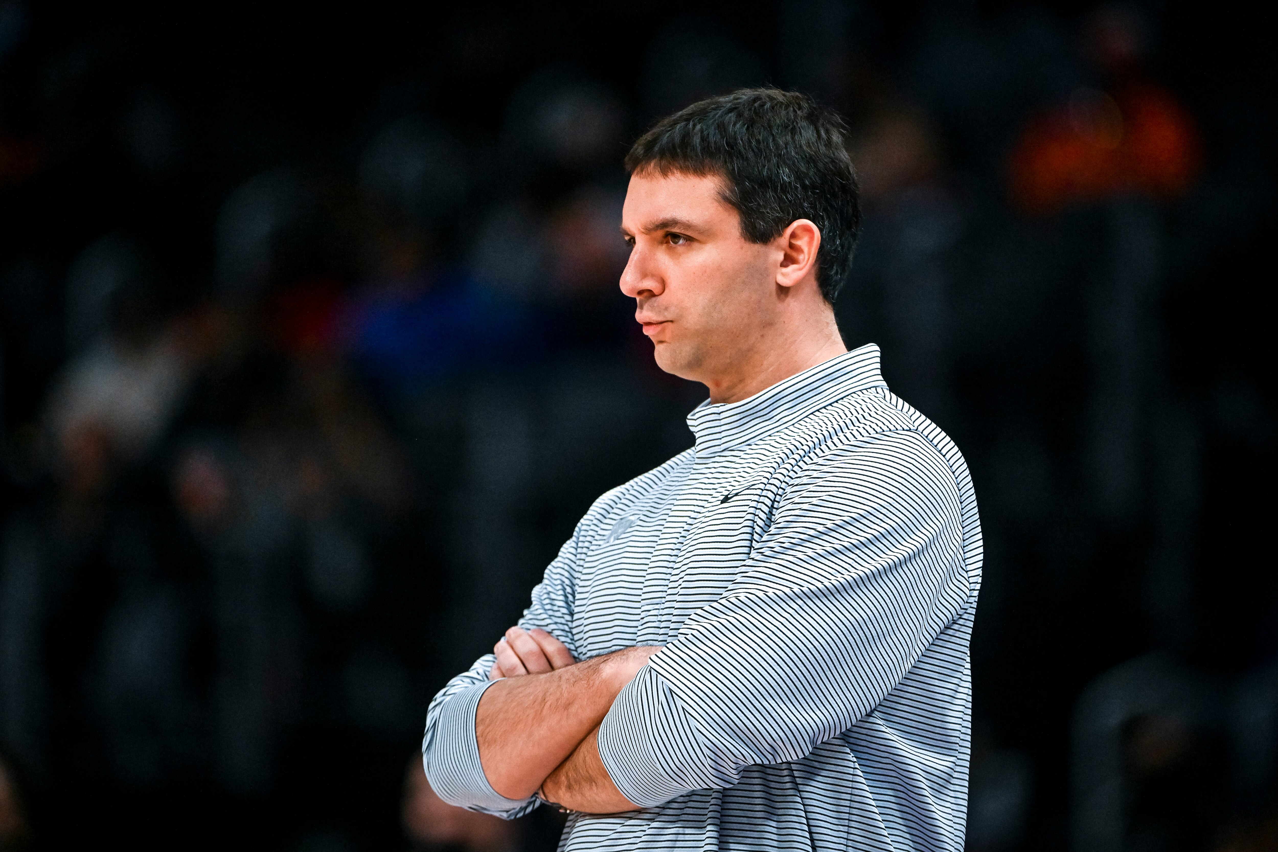 DETROIT, MICHIGAN - DECEMBER 06: Mark Daigneault head coach of the Oklahoma City Thunder looks on against the Detroit Pistons at Little Caesars Arena on December 06, 2021 in Detroit, Michigan. NOTE TO USER: User expressly acknowledges and agrees that, by downloading and or using this photograph, User is consenting to the terms and conditions of the Getty Images License Agreement. (Photo by Nic Antaya/Getty Images)