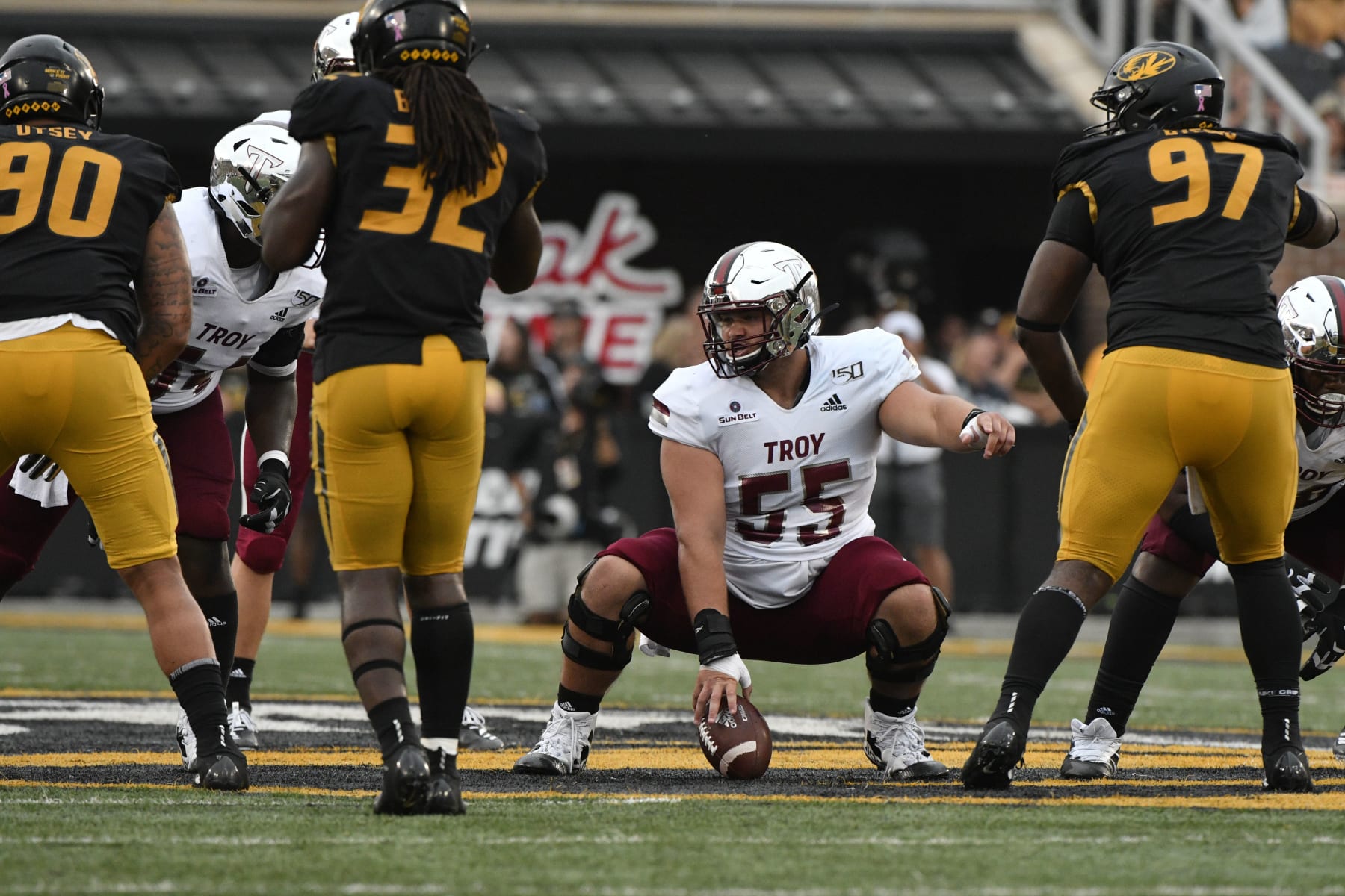 COLUMBIA, MO - OCTOBER 5: Center Jake Andrews #55 of the Troy Trojans in action against the Missouri Tigers at Memorial Stadium on October 5, 2019 in Columbia, Missouri. (Photo by Ed Zurga/Getty Images)