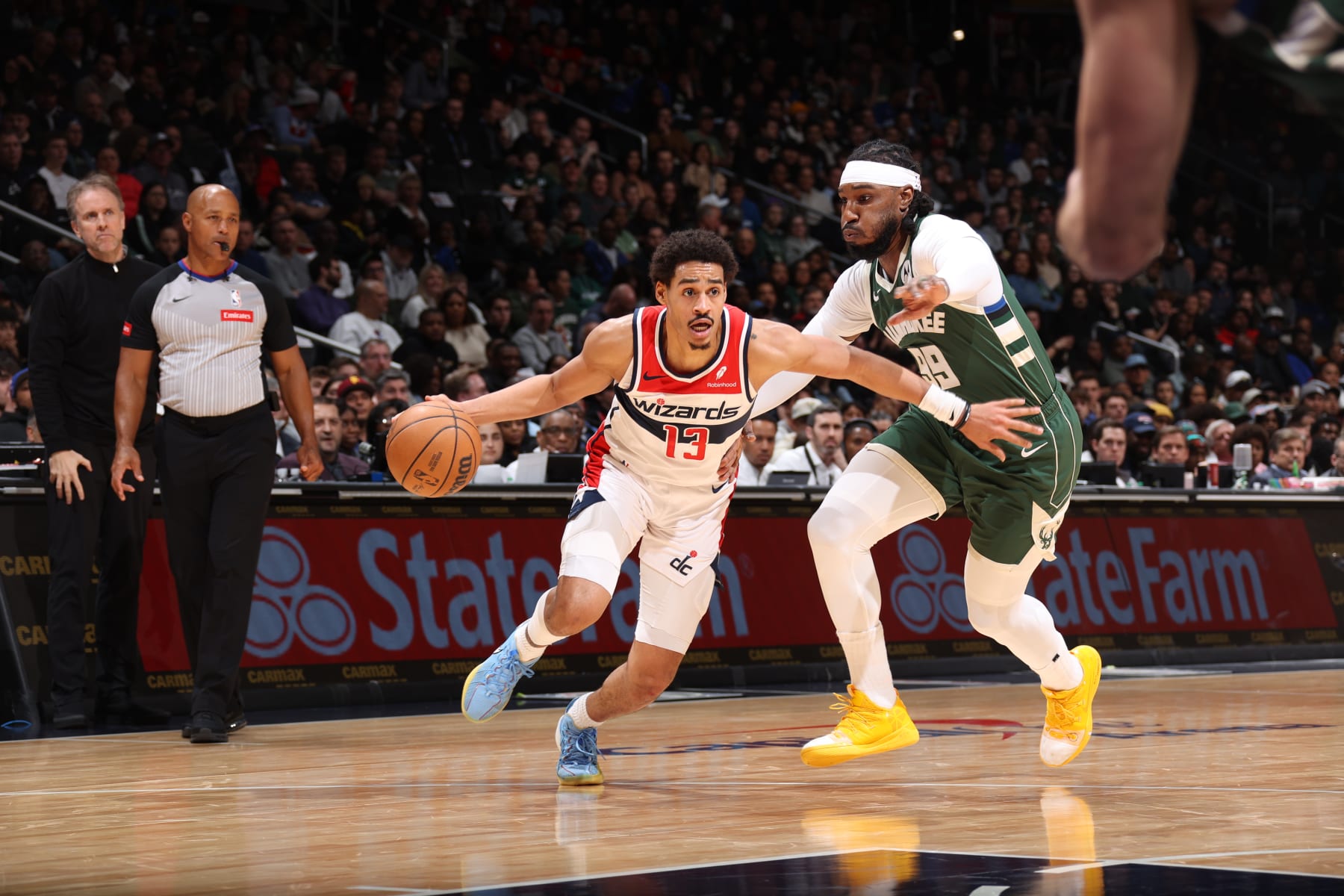 WASHINGTON, DC -  APRIL 2: Jordan Poole #13 of the Washington Wizards drives to the basket during the game against the Milwaukee Bucks on April 2, 2024 at Capital One Arena in Washington, DC. NOTE TO USER: User expressly acknowledges and agrees that, by downloading and or using this Photograph, user is consenting to the terms and conditions of the Getty Images License Agreement. Mandatory Copyright Notice: Copyright 2024 NBAE (Photo by Stephen Gosling/NBAE via Getty Images)
