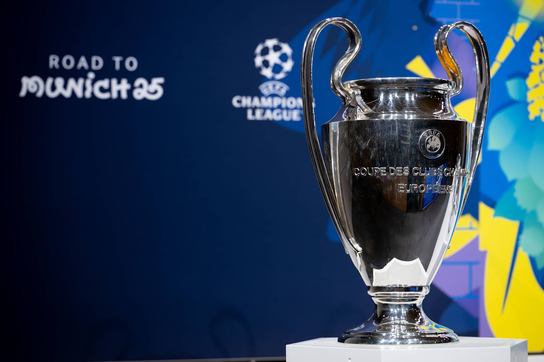 NYON, SWITZERLAND - JANUARY 31: A detailed view of the UEFA Champions League trophy on stage during the UEFA Champions League 2024/25 Knockout Round Play-offs Draw at the UEFA Headquarters, The House of the European Football, on January 31, 2025, in Nyon, Switzerland. (Photo by Kristian Skeie - UEFA/UEFA via Getty Images)