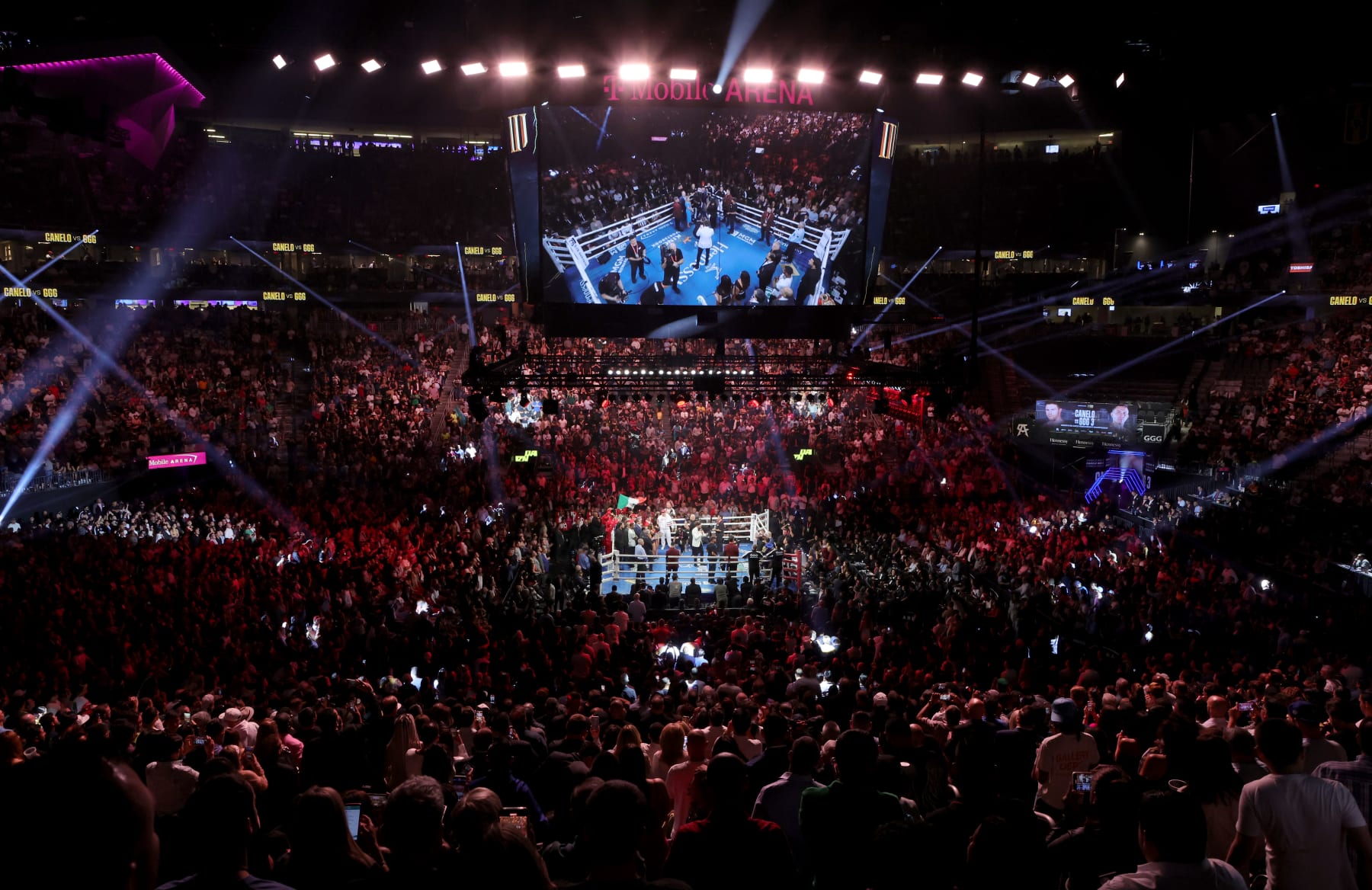 LAS VEGAS, NEVADA - SEPTEMBER 17: Canelo Alvarez and Gennadiy Golovkin are introduced before their super middleweight title fight at T-Mobile Arena on September 17, 2022 in Las Vegas, Nevada. Alvarez retained his titles with a unanimous-decision victory. (Photo by Ethan Miller/Getty Images)