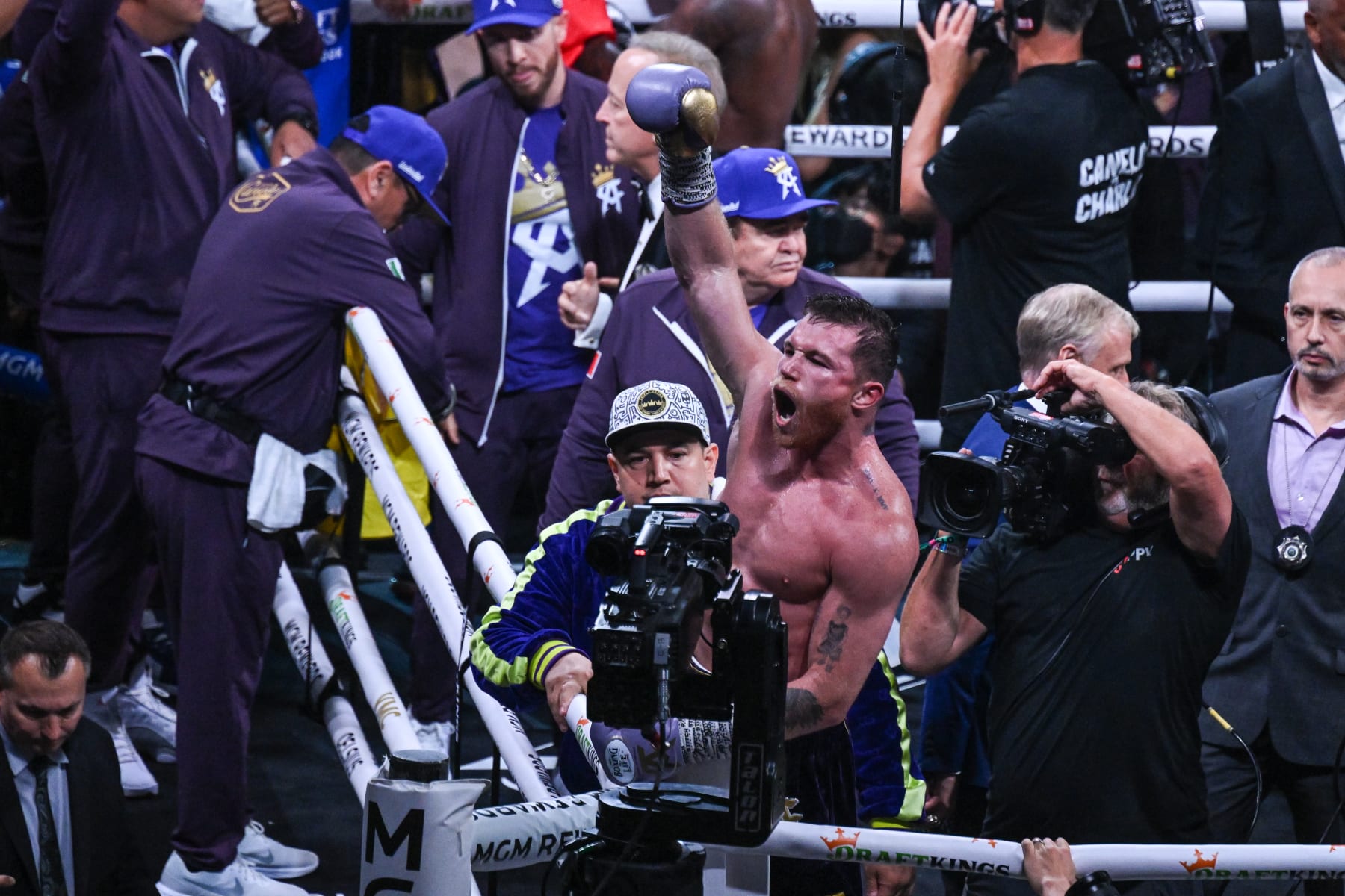 LAS VEGAS, NV - SEPTEMBER 30: Canelo Alvarez celebrates his winning after he defeats Jermell Charlo during their super middleweight world titles of the Premiere Boxing Championship on Saturday night at the T-Mobile Arena in Las Vegas, Nevada, United States on September 30, 2023. (Photo by Tayfun Coskun/Anadolu Agency via Getty Images)