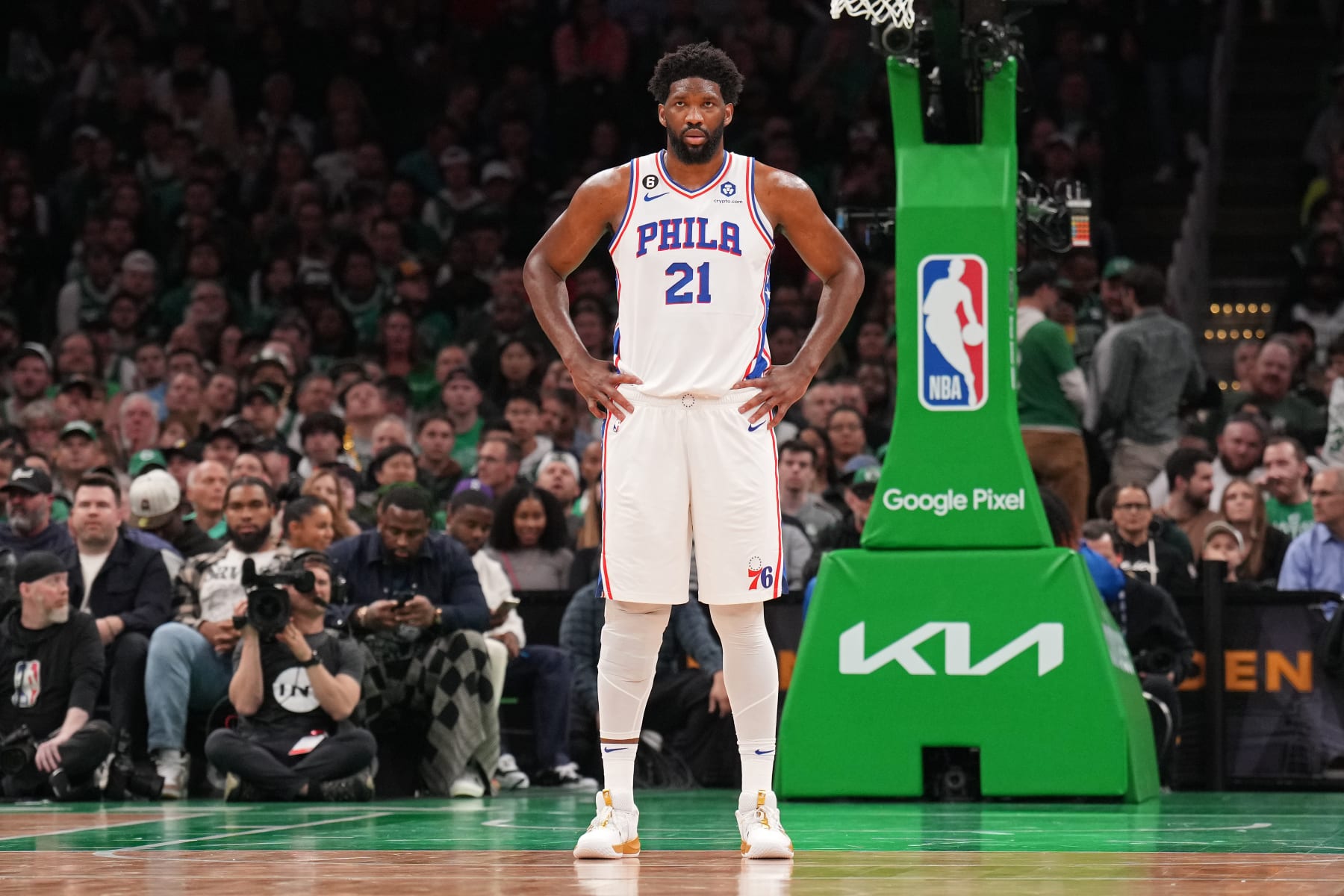BOSTON, MA - MAY 3: Joel Embiid #21 of the Philadelphia 76ers looks on during the game during Round 2 Game 2 of the Eastern Conference Semi-Finals 2023 NBA Playoffs on May 3, 2023 at the TD Garden in Boston, Massachusetts. NOTE TO USER: User expressly acknowledges and agrees that, by downloading and or using this photograph, User is consenting to the terms and conditions of the Getty Images License Agreement. Mandatory Copyright Notice: Copyright 2023 NBAE  (Photo by Jesse D. Garrabrant/NBAE via Getty Images)