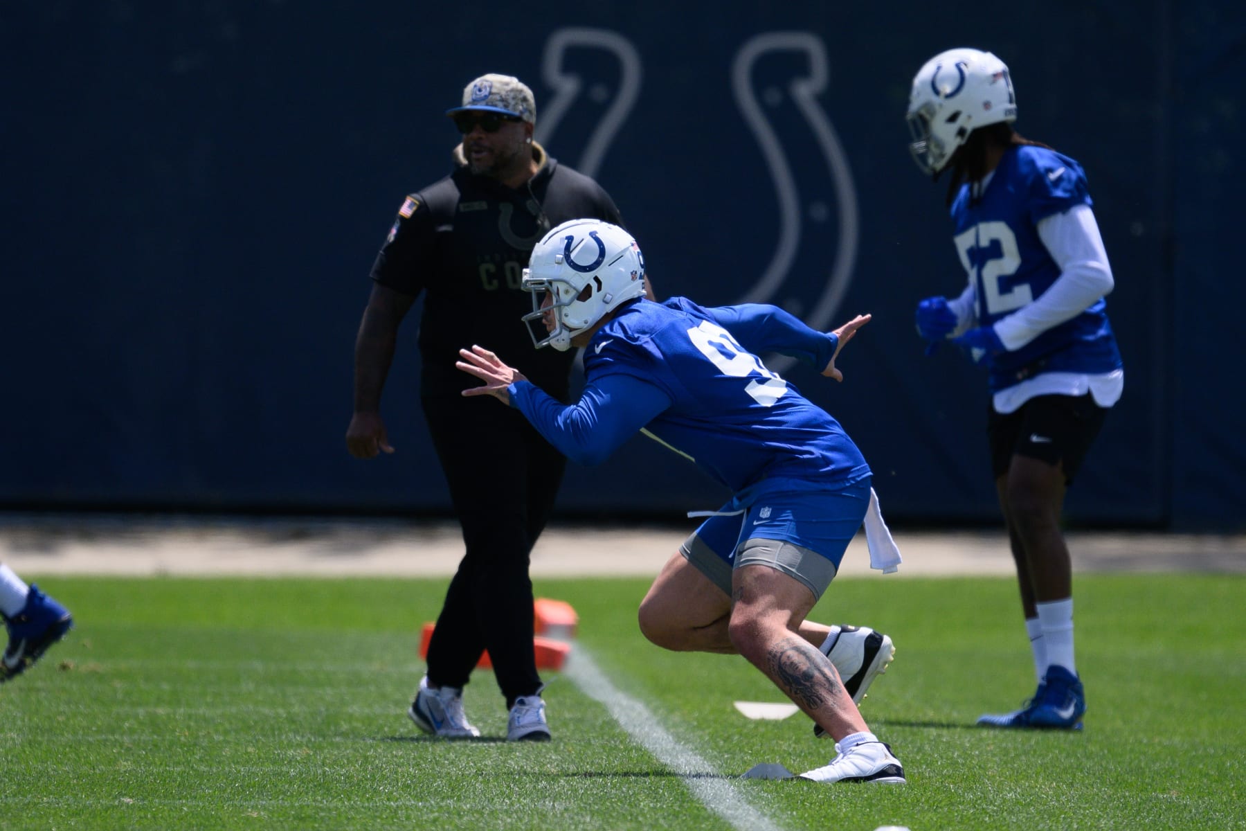 INDIANAPOLIS, IN - MAY 11: Indianapolis Colts defensive end Laiatu Latu (97) runs through a drill during the Indianapolis Colts rookie camp practice on May 11, 2024 at the Indiana Farm Bureau Football Center in Indianapolis, IN. (Photo by Zach Bolinger/Icon Sportswire via Getty Images)